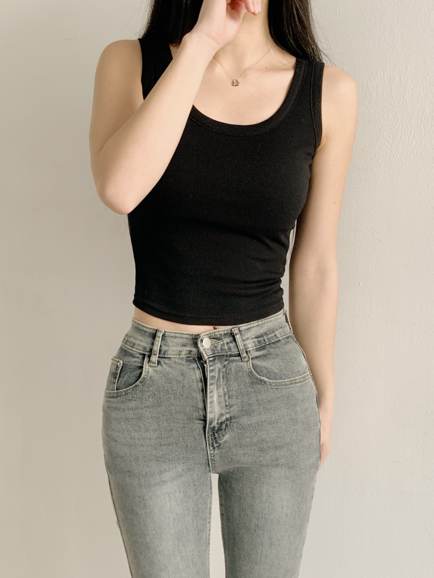 リブUネックカップスリムセミクロップド無地ノースリーブ | 詳細画像6
