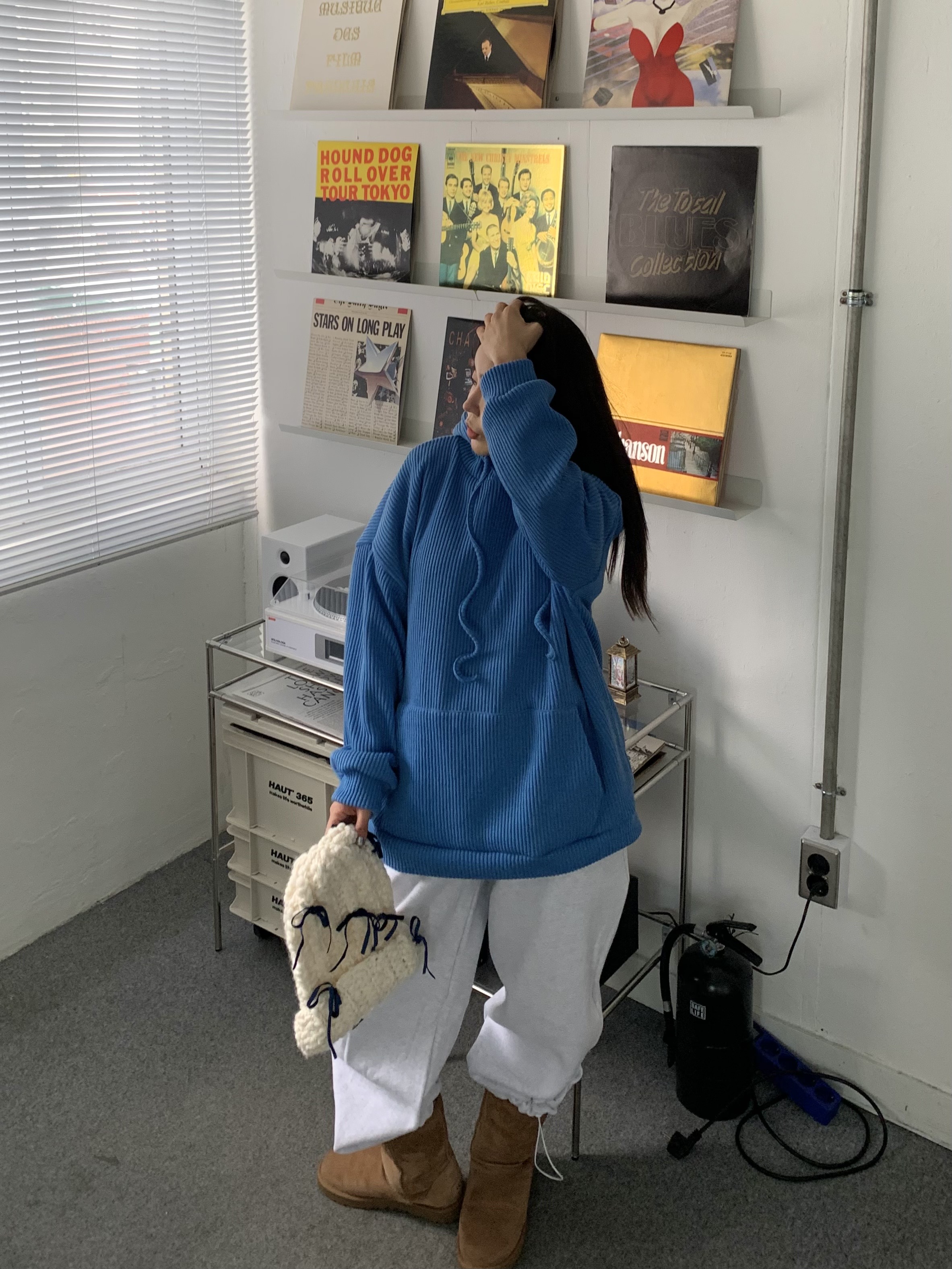 リブニットフードドローストリングオーバーサイズ長袖ハーフカンガルーポケット無地ジップパーカー | 詳細画像2