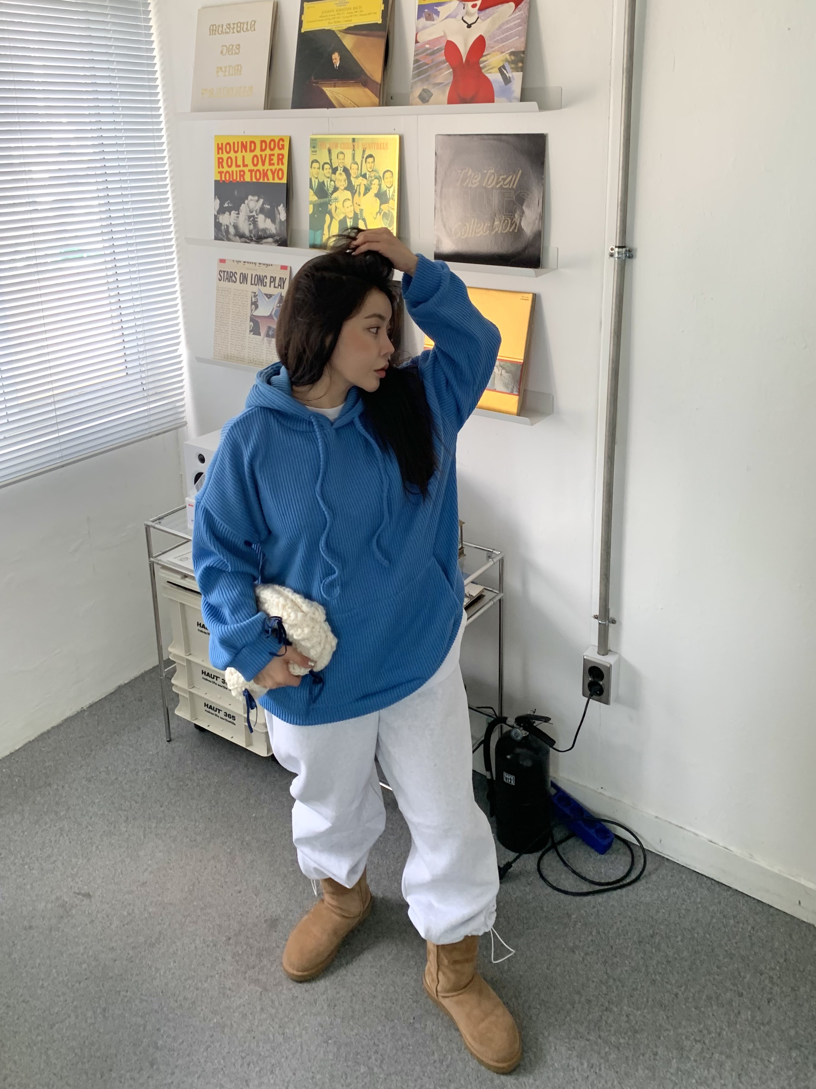 リブニットフードドローストリングオーバーサイズ長袖ハーフカンガルーポケット無地ジップパーカー | 詳細画像3