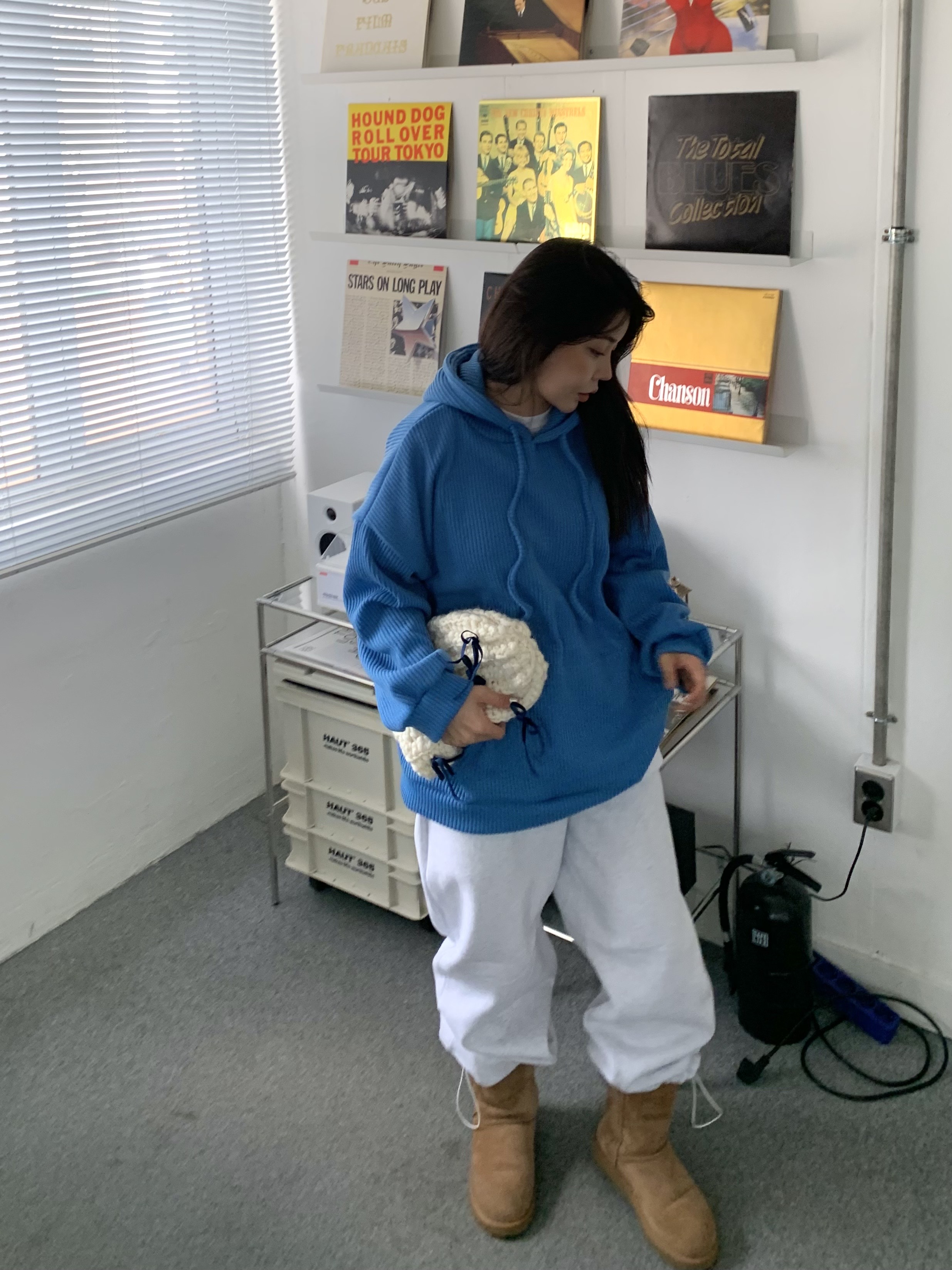 リブニットフードドローストリングオーバーサイズ長袖ハーフカンガルーポケット無地ジップパーカー | 詳細画像4