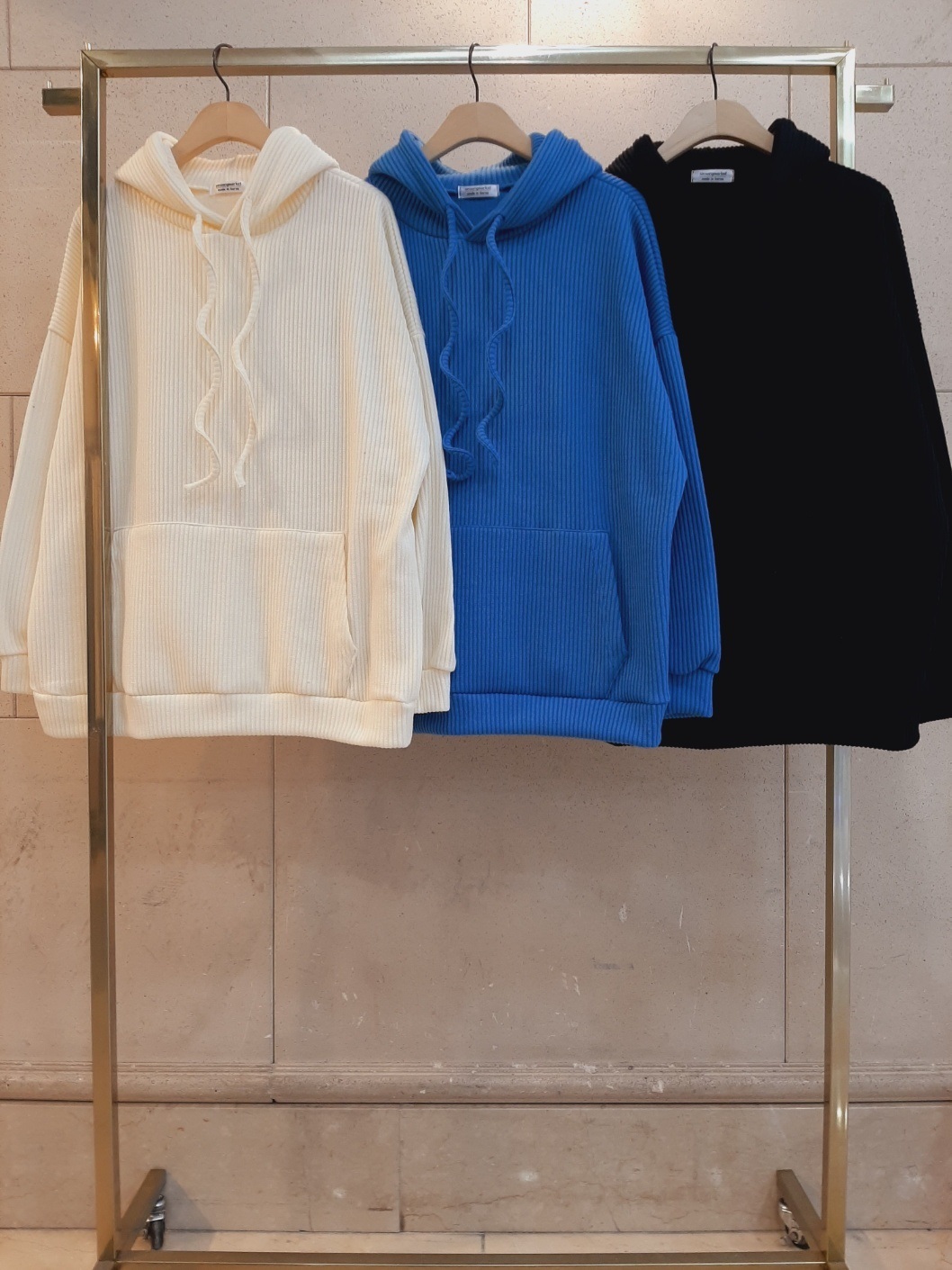 リブニットフードドローストリングオーバーサイズ長袖ハーフカンガルーポケット無地ジップパーカー | 詳細画像8