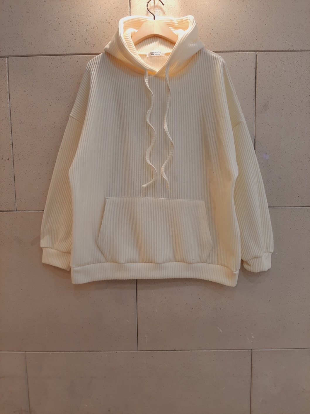 リブニットフードドローストリングオーバーサイズ長袖ハーフカンガルーポケット無地ジップパーカー | 詳細画像9