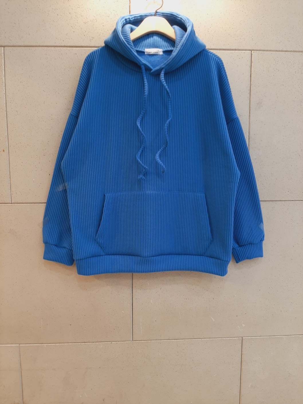 リブニットフードドローストリングオーバーサイズ長袖ハーフカンガルーポケット無地ジップパーカー | 詳細画像10