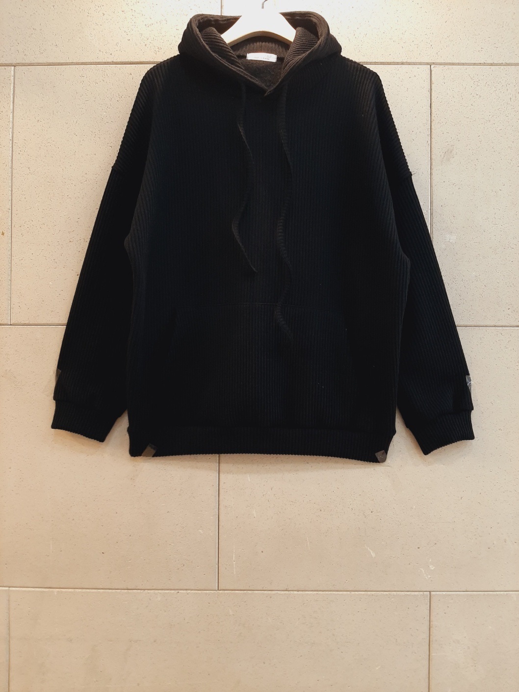 リブニットフードドローストリングオーバーサイズ長袖ハーフカンガルーポケット無地ジップパーカー | 詳細画像11