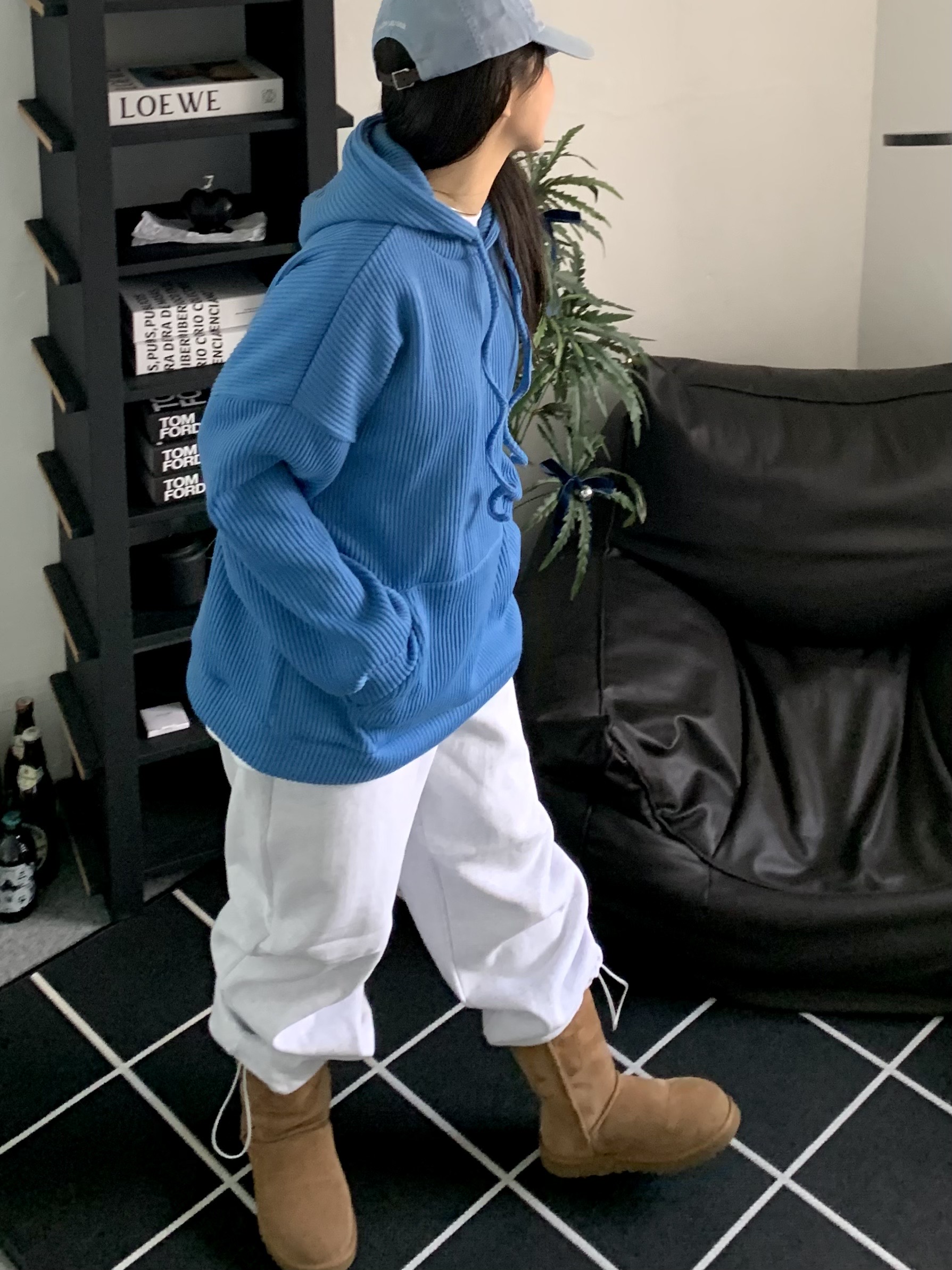 リブニットフードドローストリングオーバーサイズ長袖ハーフカンガルーポケット無地ジップパーカー | 詳細画像5