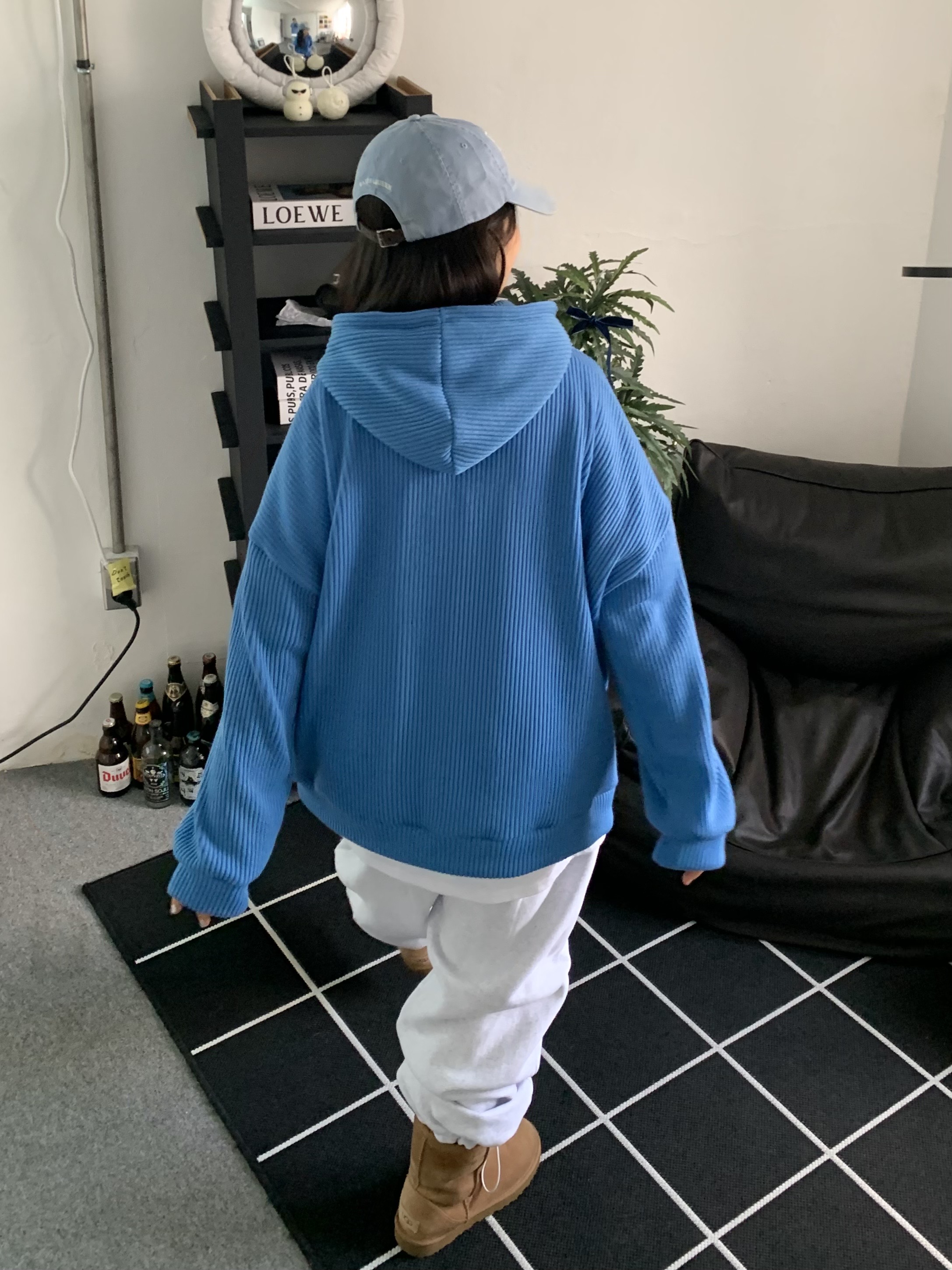 リブニットフードドローストリングオーバーサイズ長袖ハーフカンガルーポケット無地ジップパーカー | 詳細画像6