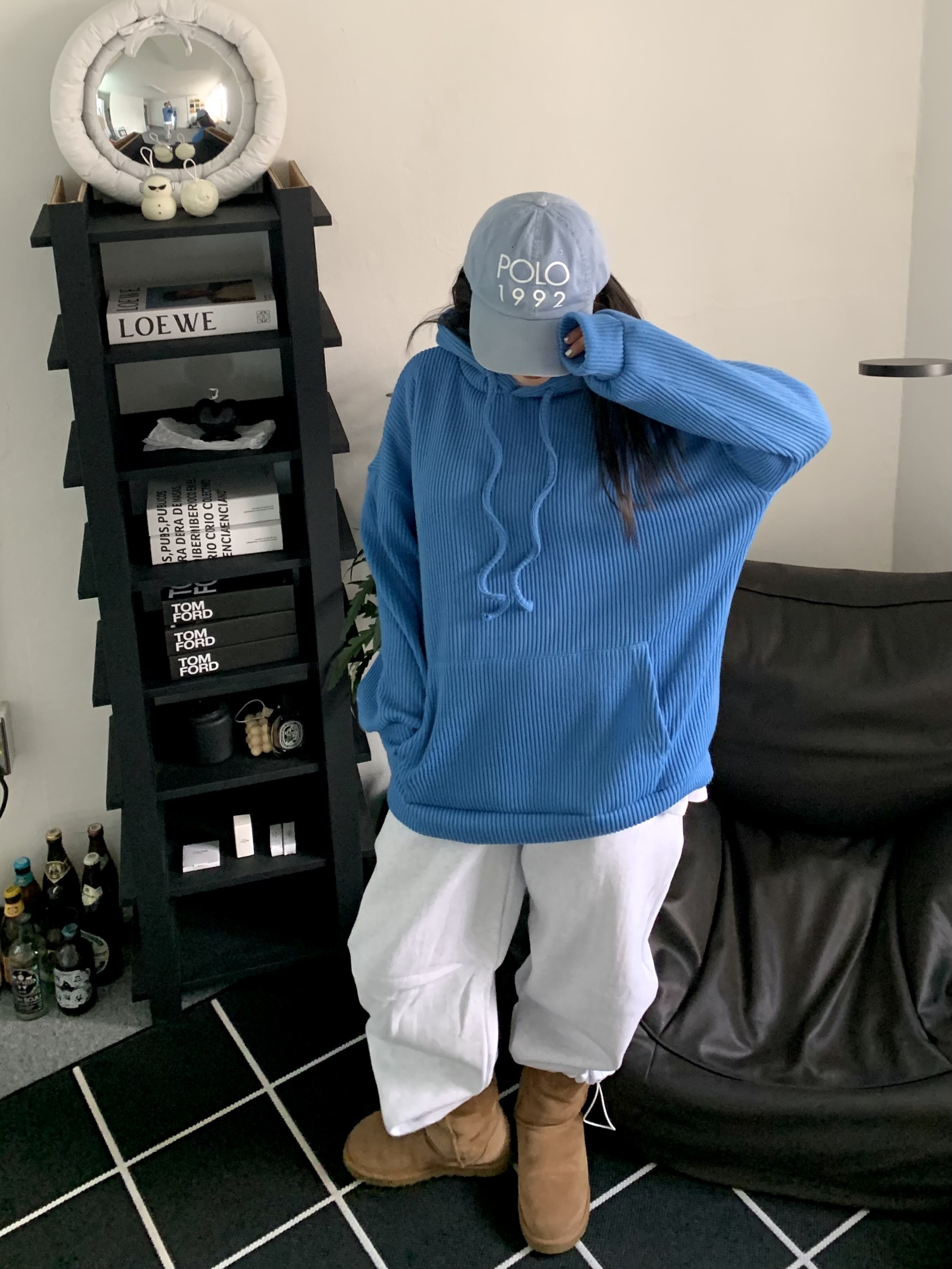 リブニットフードドローストリングオーバーサイズ長袖ハーフカンガルーポケット無地ジップパーカー | 詳細画像7