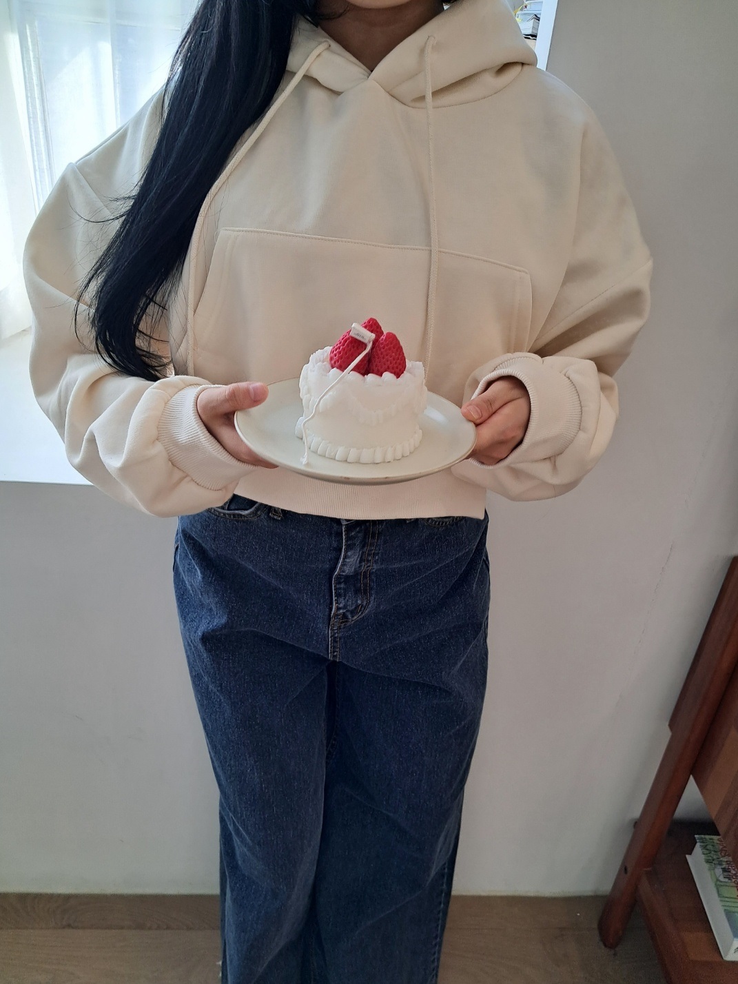 フードドローストリングクロップドルーズ長袖無地パーカー | 詳細画像4