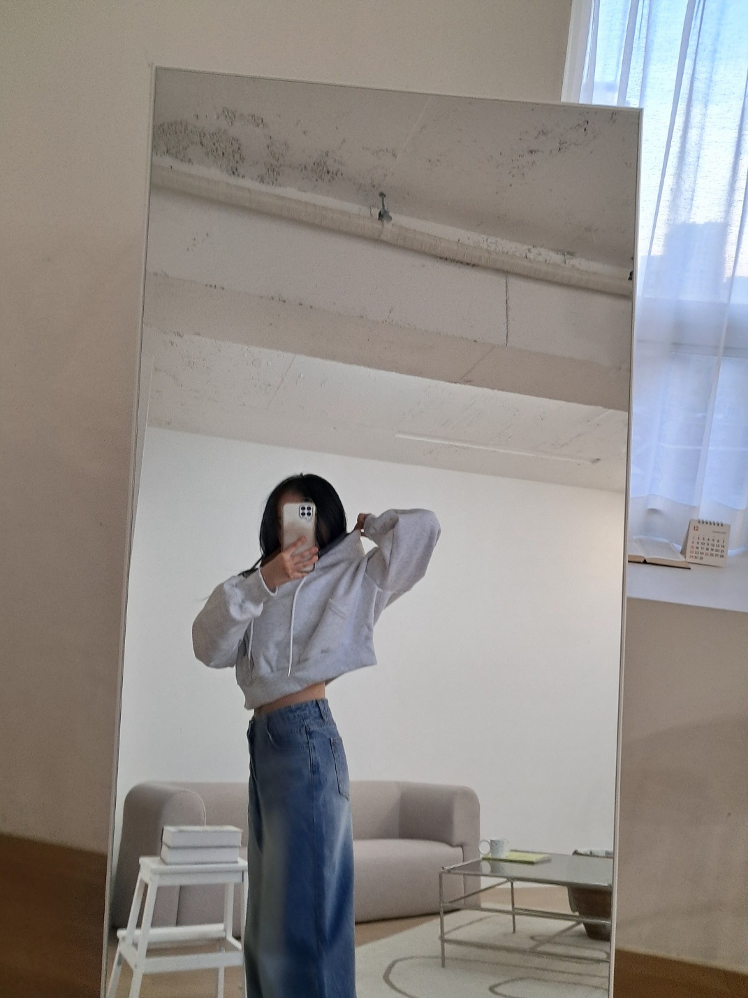 フードドローストリングクロップドルーズ長袖無地パーカー | 詳細画像10