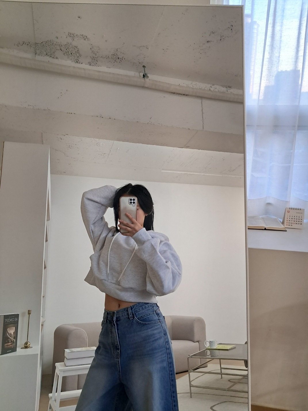 フードドローストリングクロップドルーズ長袖無地パーカー | 詳細画像9