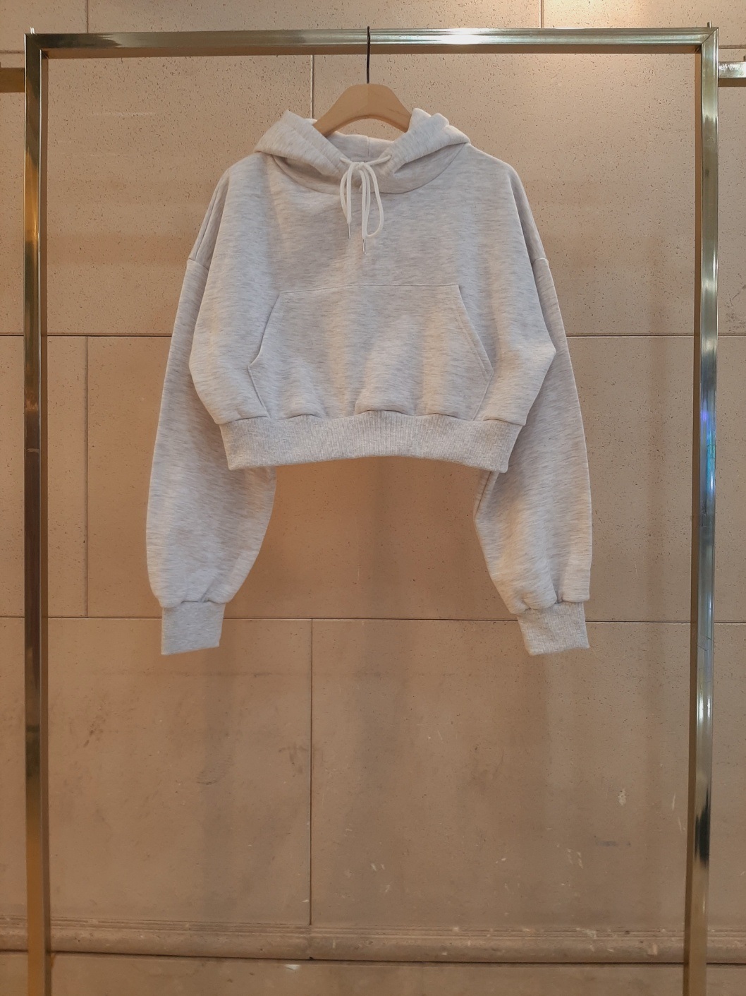 フードドローストリングクロップドルーズ長袖無地パーカー | 詳細画像12