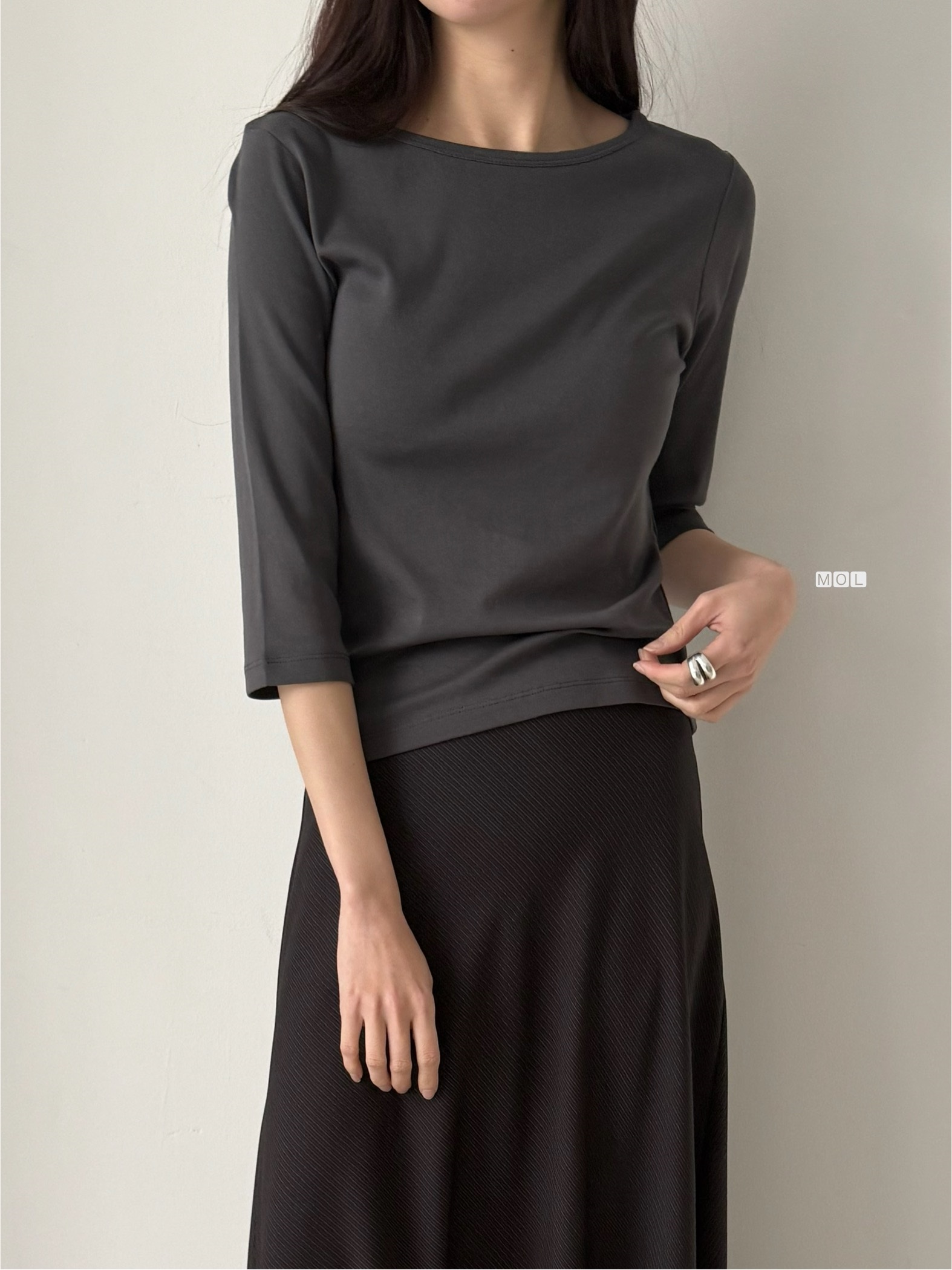 コットンボートネック7分袖長袖セミクロップド無地Tシャツ | 詳細画像2