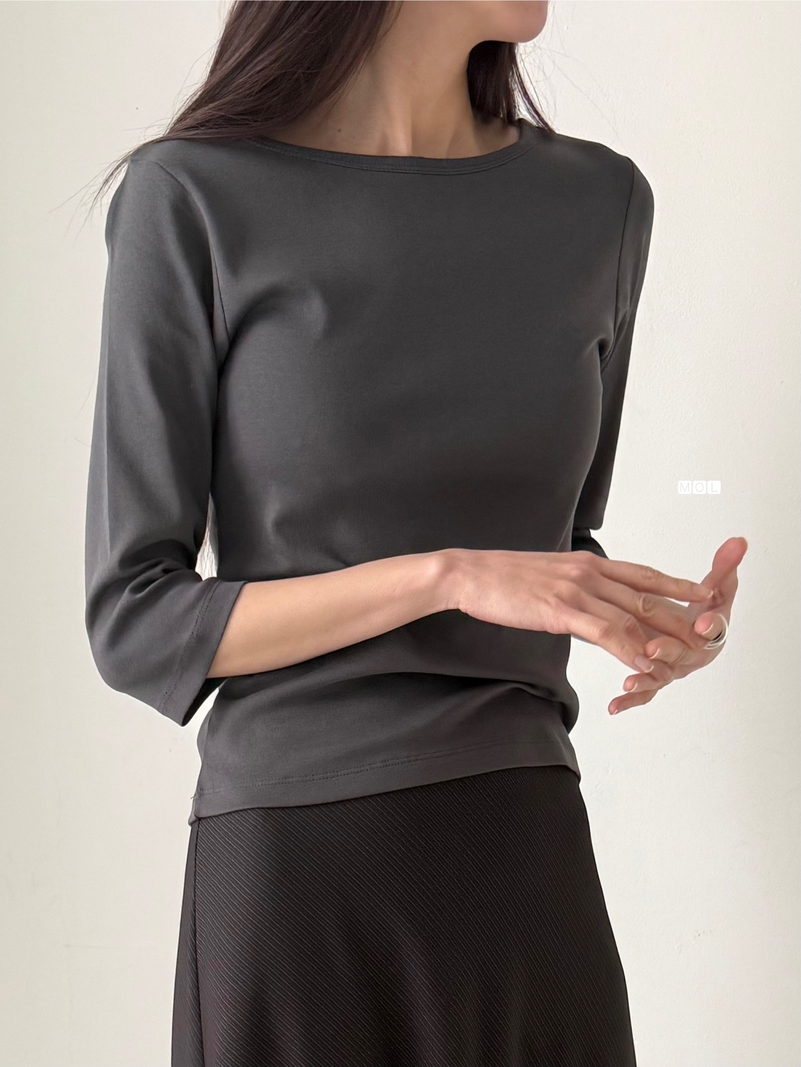 コットンボートネック7分袖長袖セミクロップド無地Tシャツ | 詳細画像3