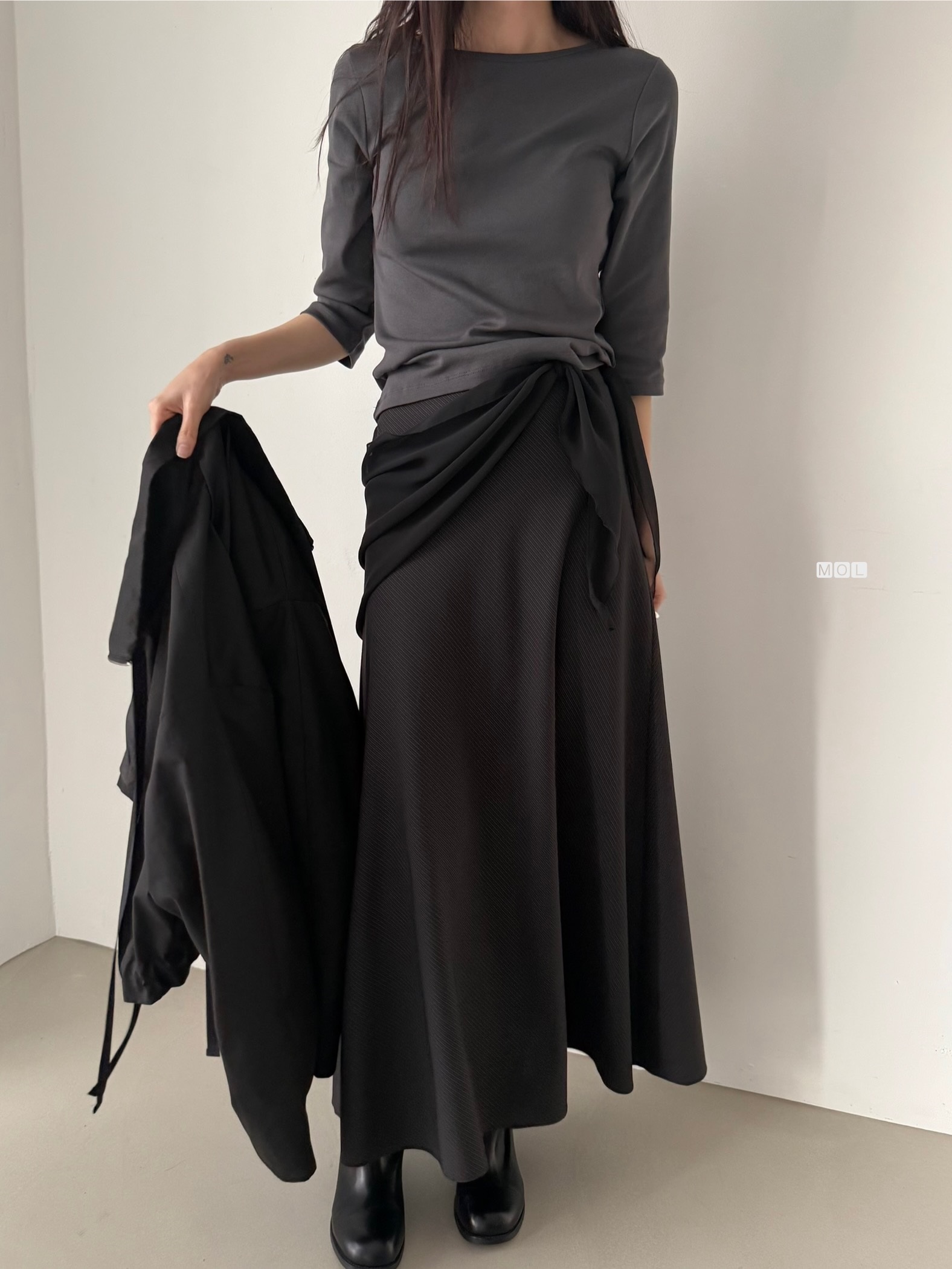 コットンボートネック7分袖長袖セミクロップド無地Tシャツ | 詳細画像5