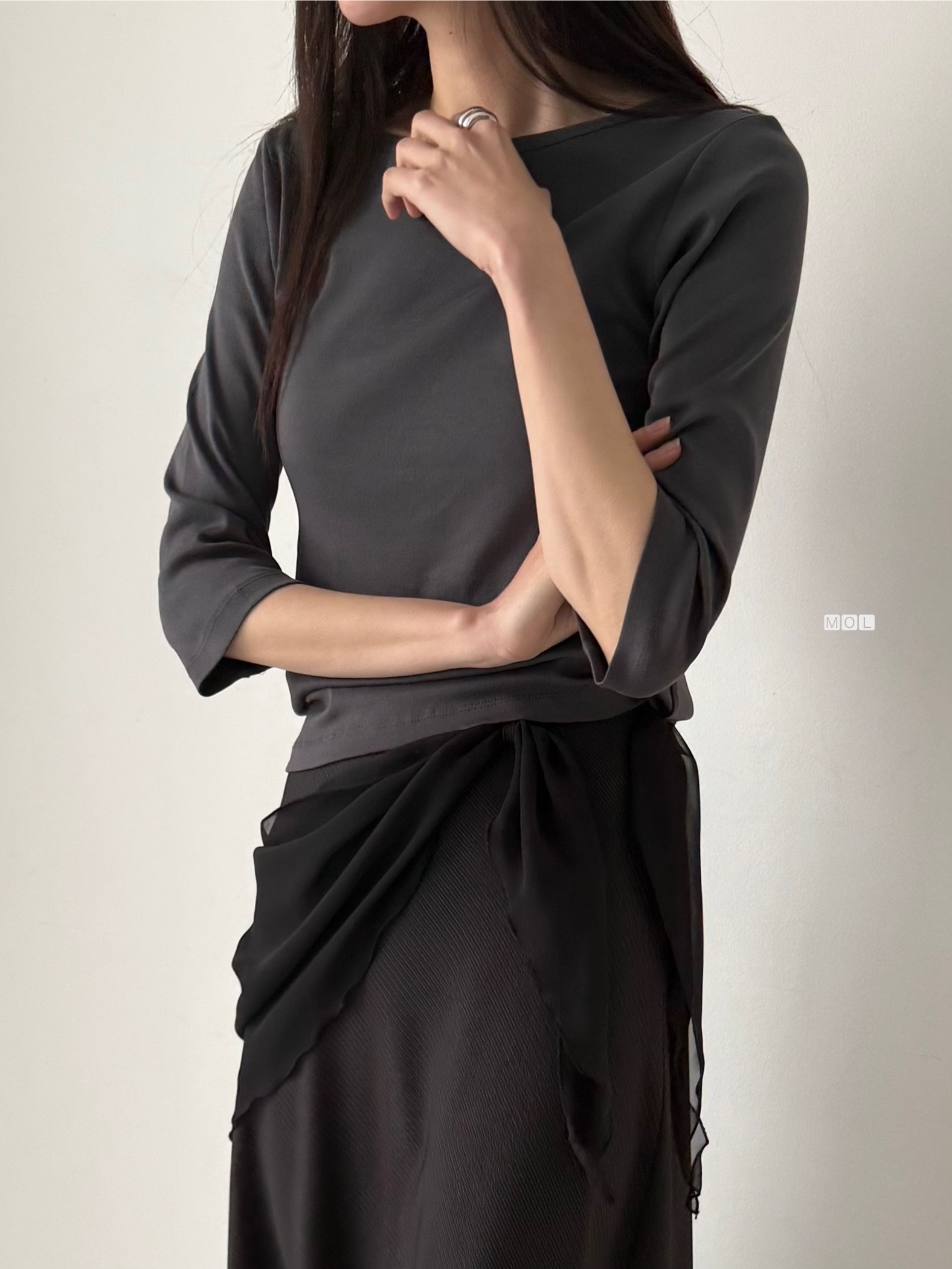 コットンボートネック7分袖長袖セミクロップド無地Tシャツ | 詳細画像8