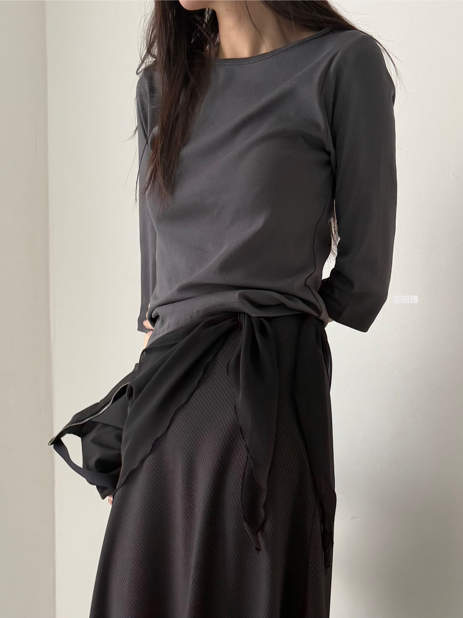 コットンボートネック7分袖長袖セミクロップド無地Tシャツ | 詳細画像9