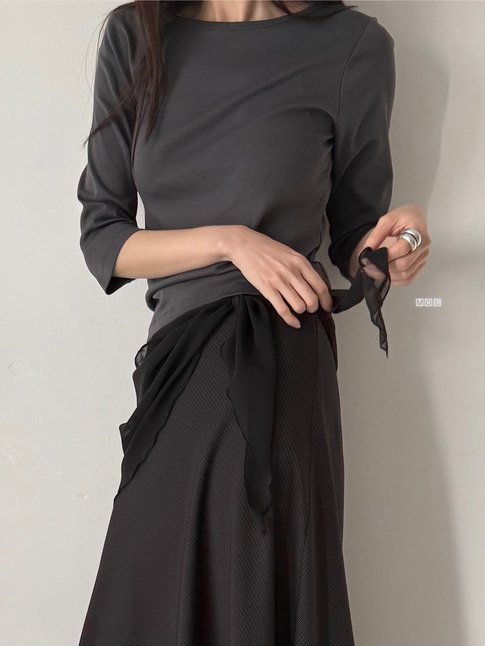 コットンボートネック7分袖長袖セミクロップド無地Tシャツ | 詳細画像11