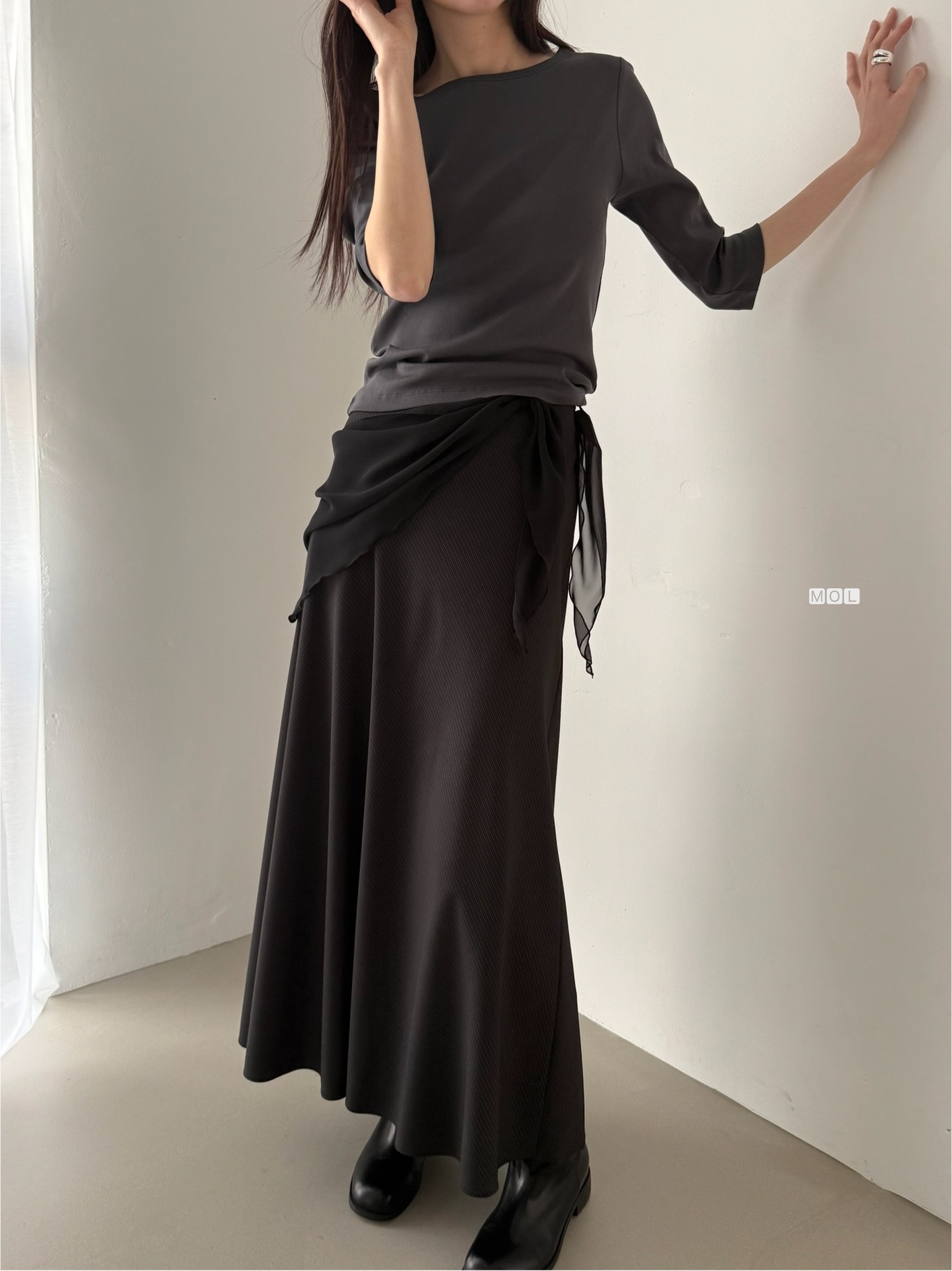 コットンボートネック7分袖長袖セミクロップド無地Tシャツ | 詳細画像12