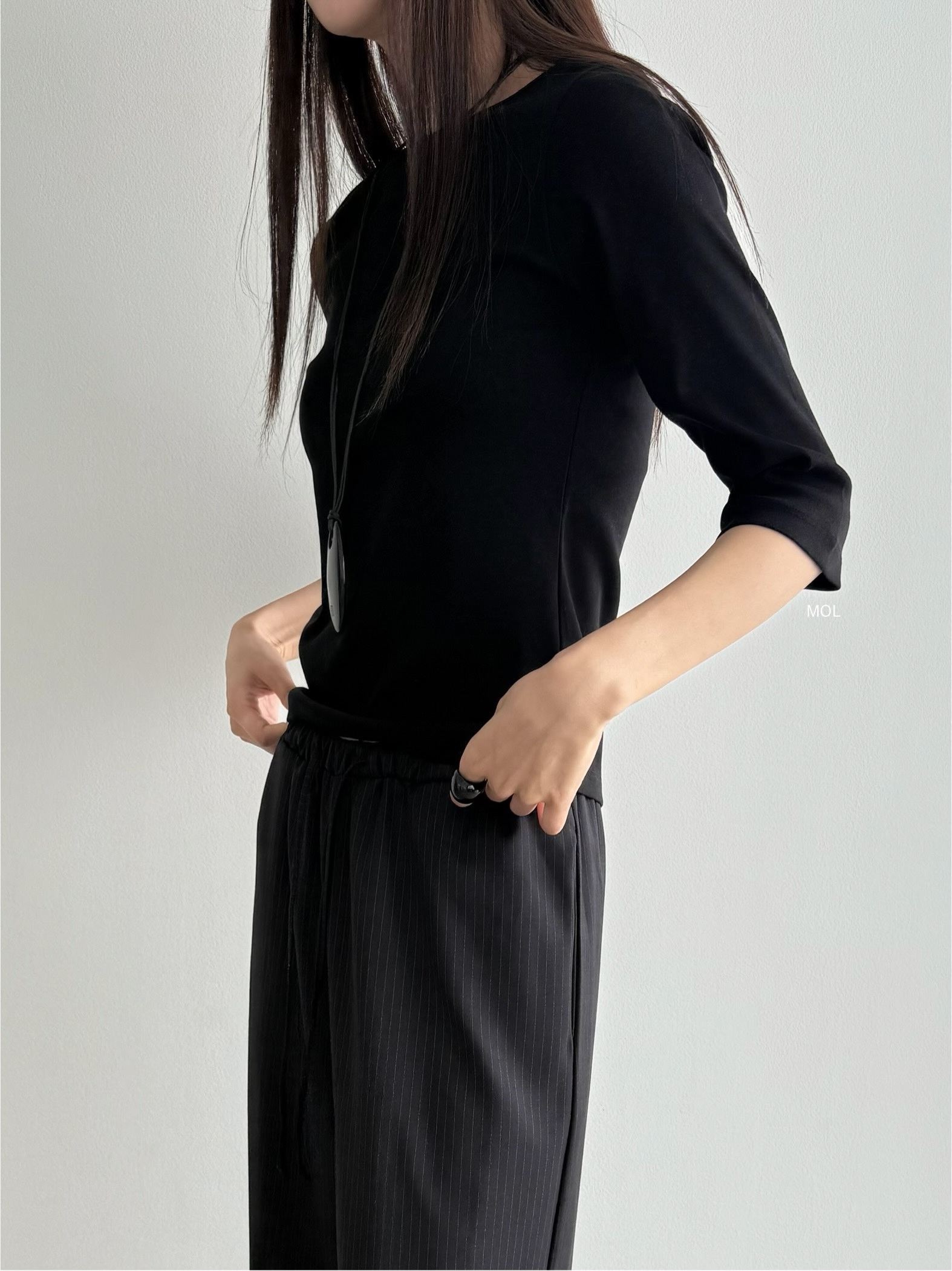 コットンボートネック7分袖長袖セミクロップド無地Tシャツ | 詳細画像18