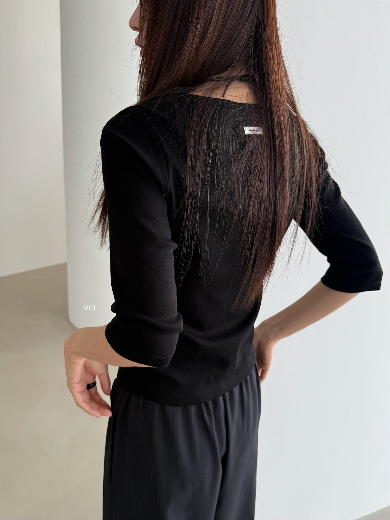 コットンボートネック7分袖長袖セミクロップド無地Tシャツ | 詳細画像21