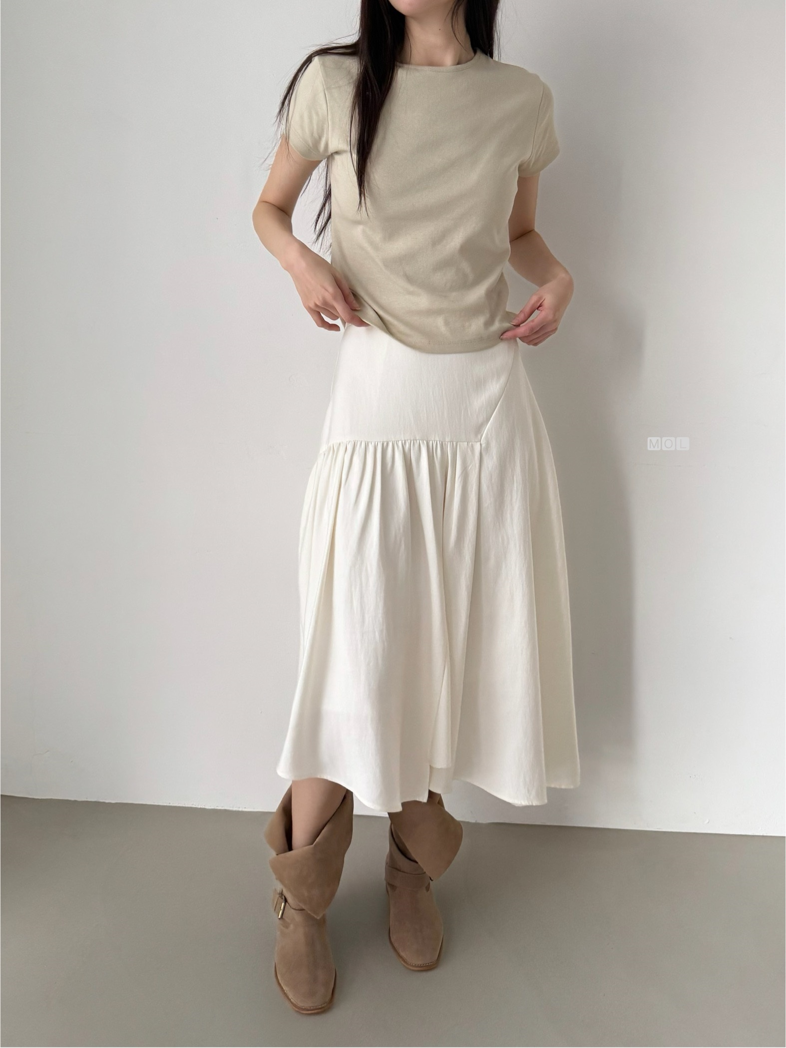 バックゴムロングアンバランスギャザーフレア無地スカート | 詳細画像13