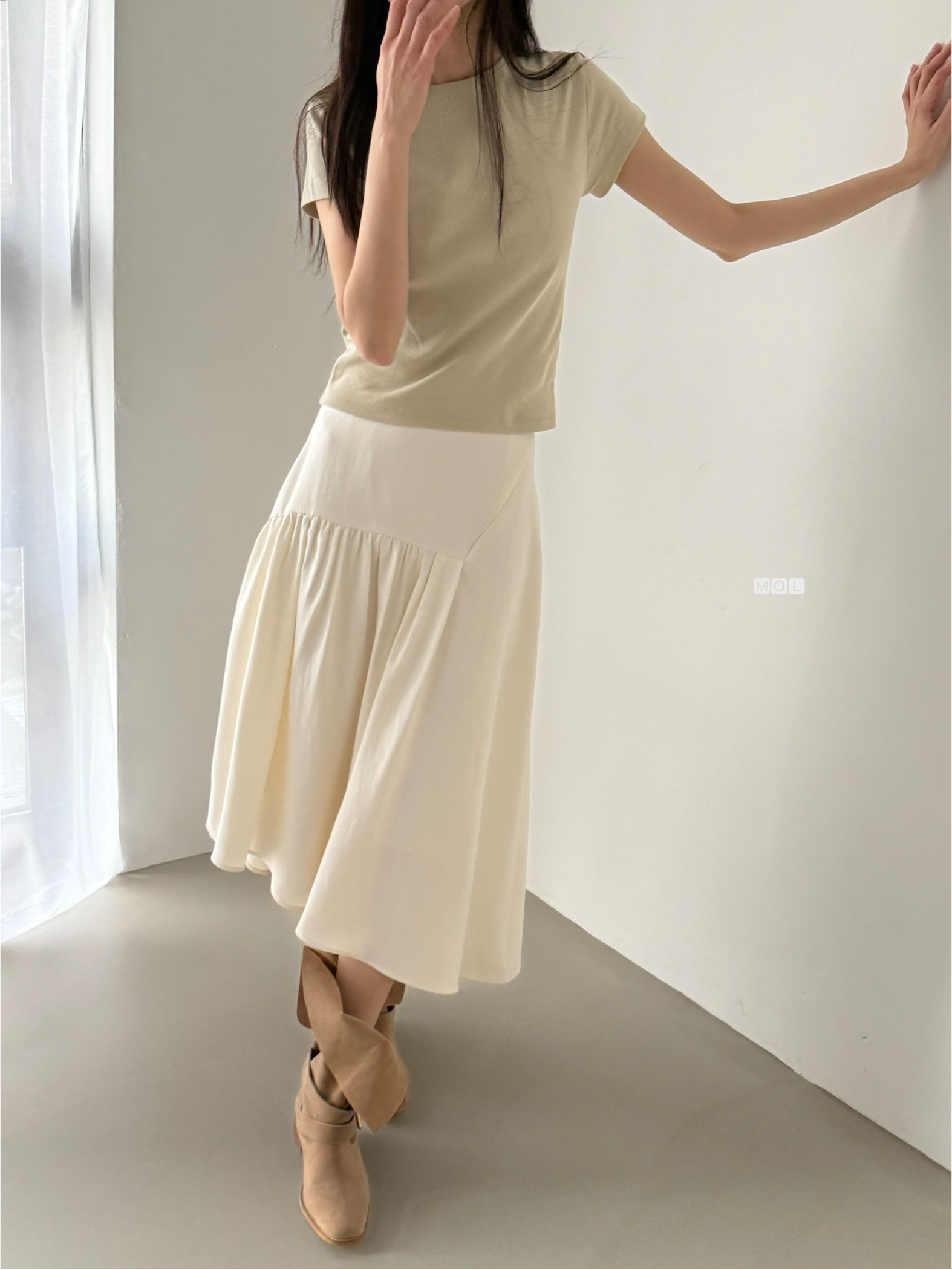 バックゴムロングアンバランスギャザーフレア無地スカート | 詳細画像19