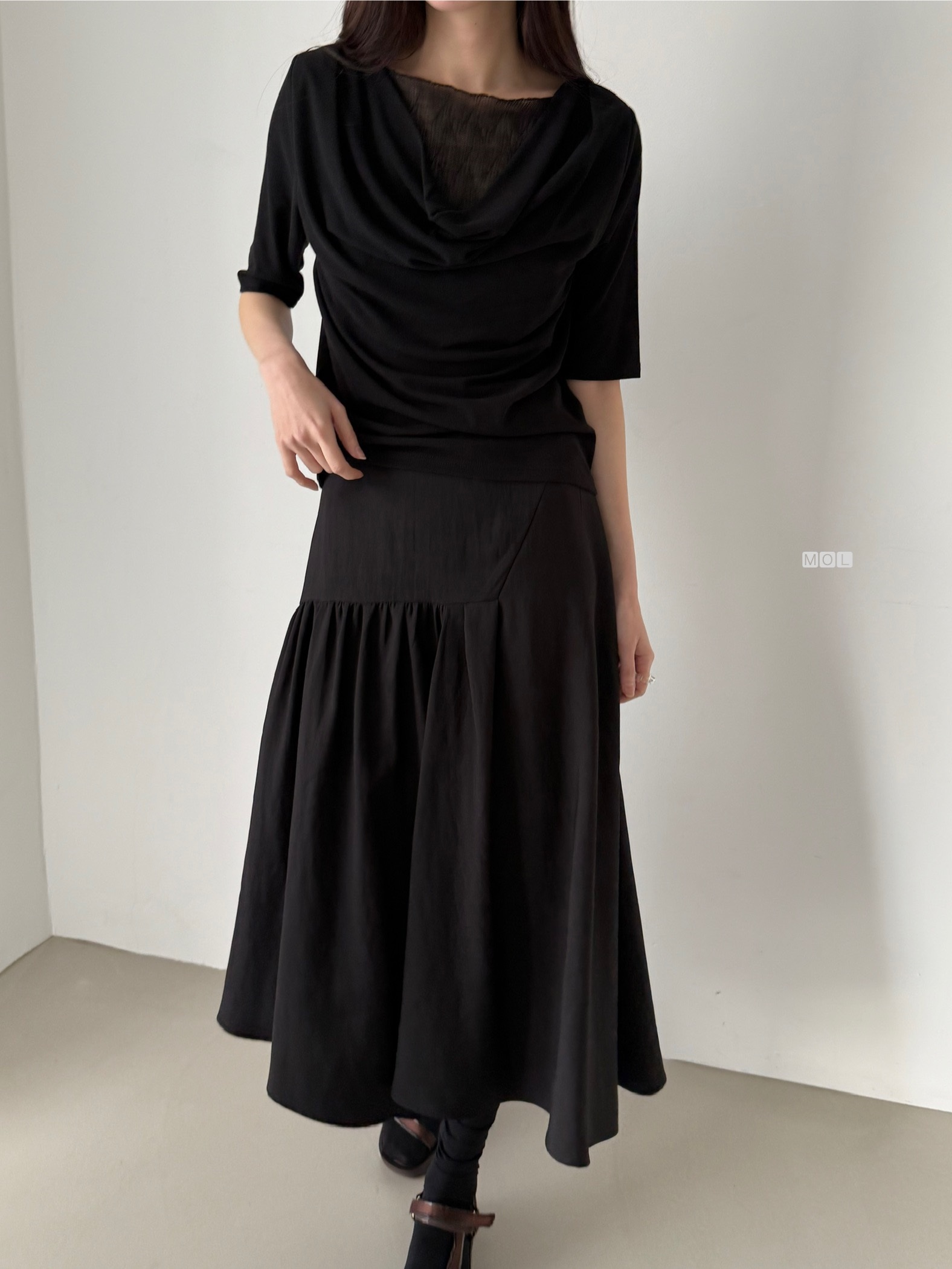 バックゴムロングアンバランスギャザーフレア無地スカート | 詳細画像29