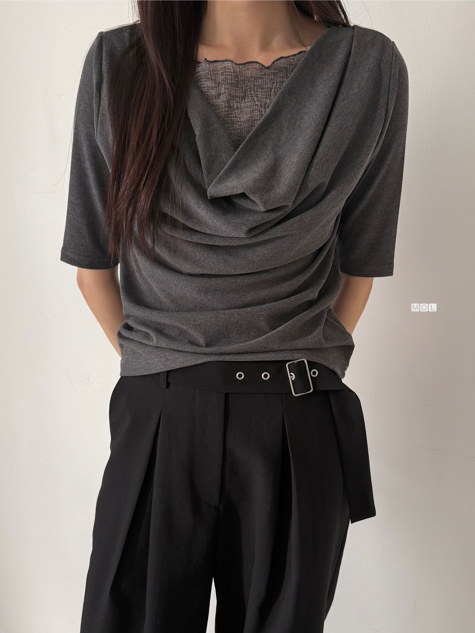 チュールコンビドレープレイヤード風ルーズ半袖ギャザーTシャツ | 詳細画像2