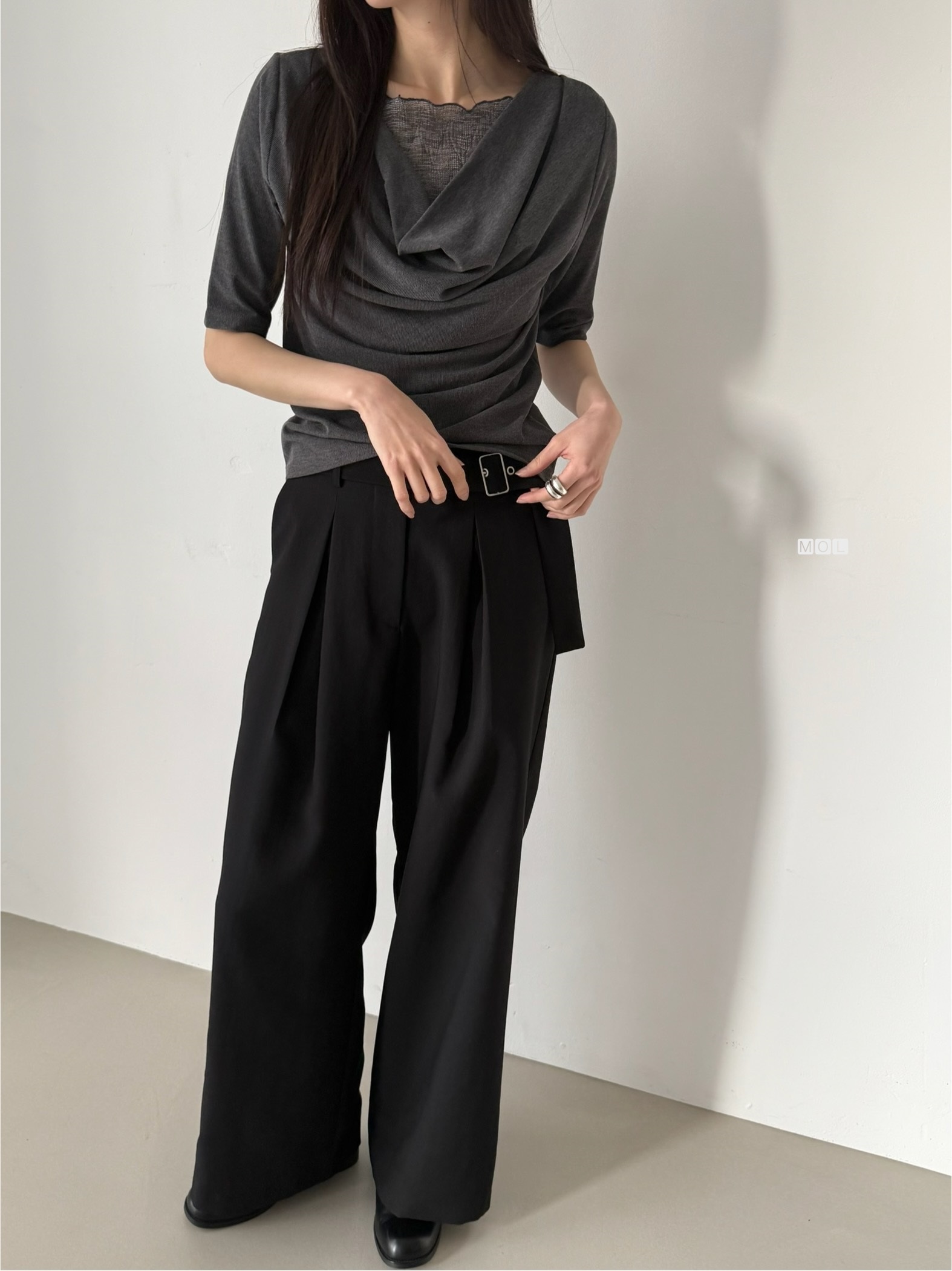 チュールコンビドレープレイヤード風ルーズ半袖ギャザーTシャツ | 詳細画像3