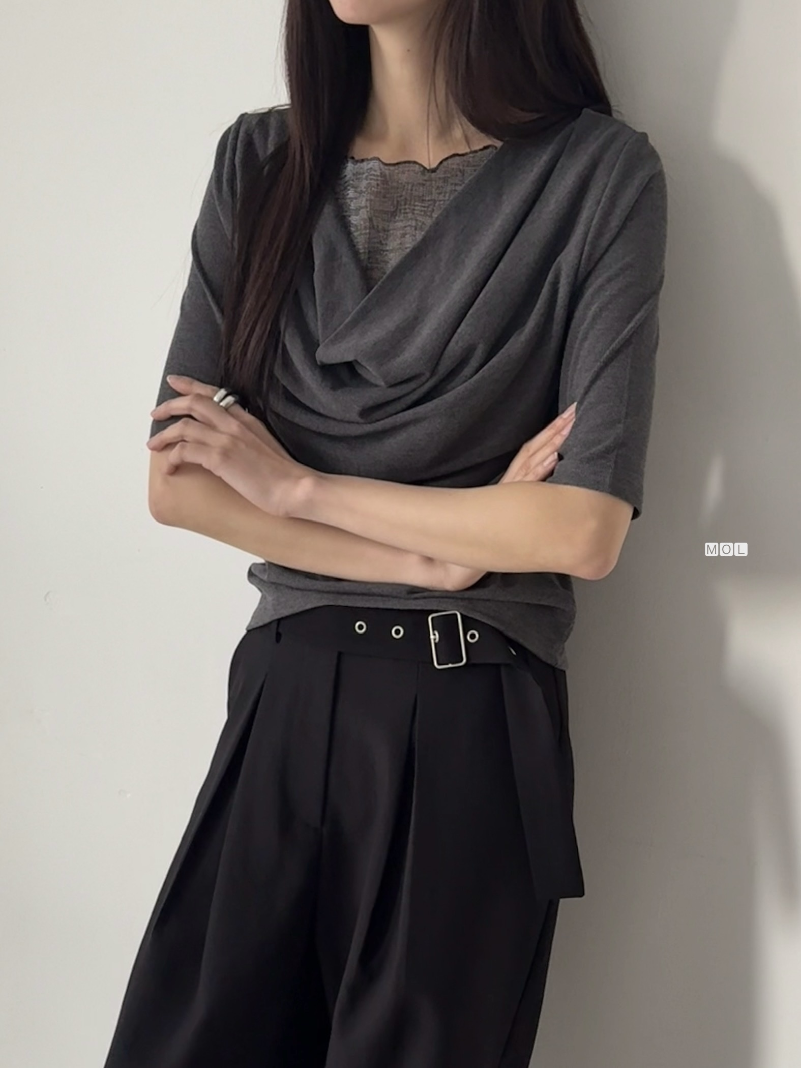 チュールコンビドレープレイヤード風ルーズ半袖ギャザーTシャツ | 詳細画像5