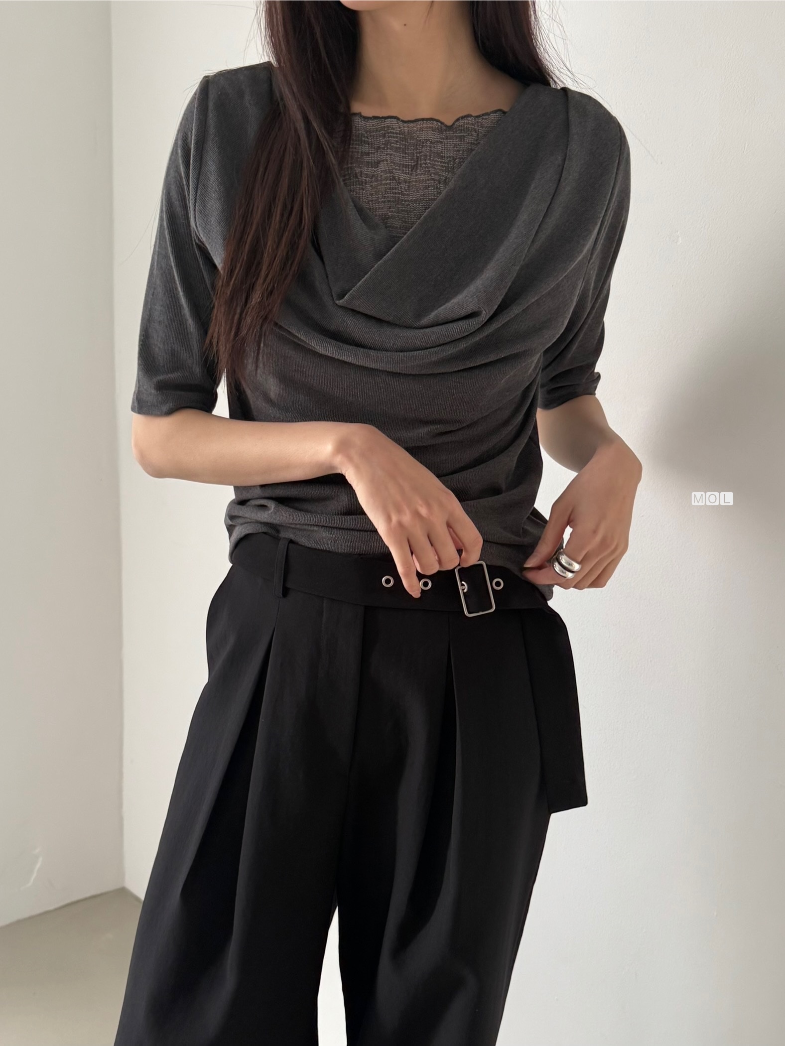 チュールコンビドレープレイヤード風ルーズ半袖ギャザーTシャツ | 詳細画像7