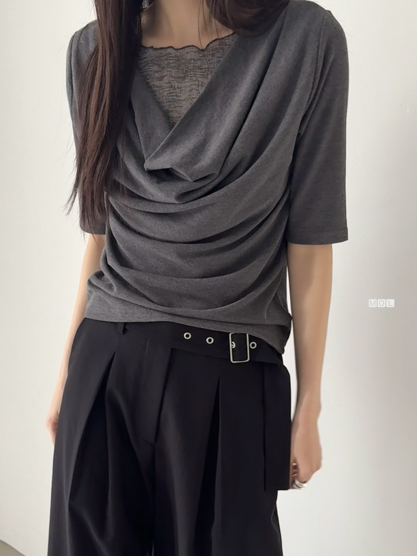 チュールコンビドレープレイヤード風ルーズ半袖ギャザーTシャツ | 詳細画像8