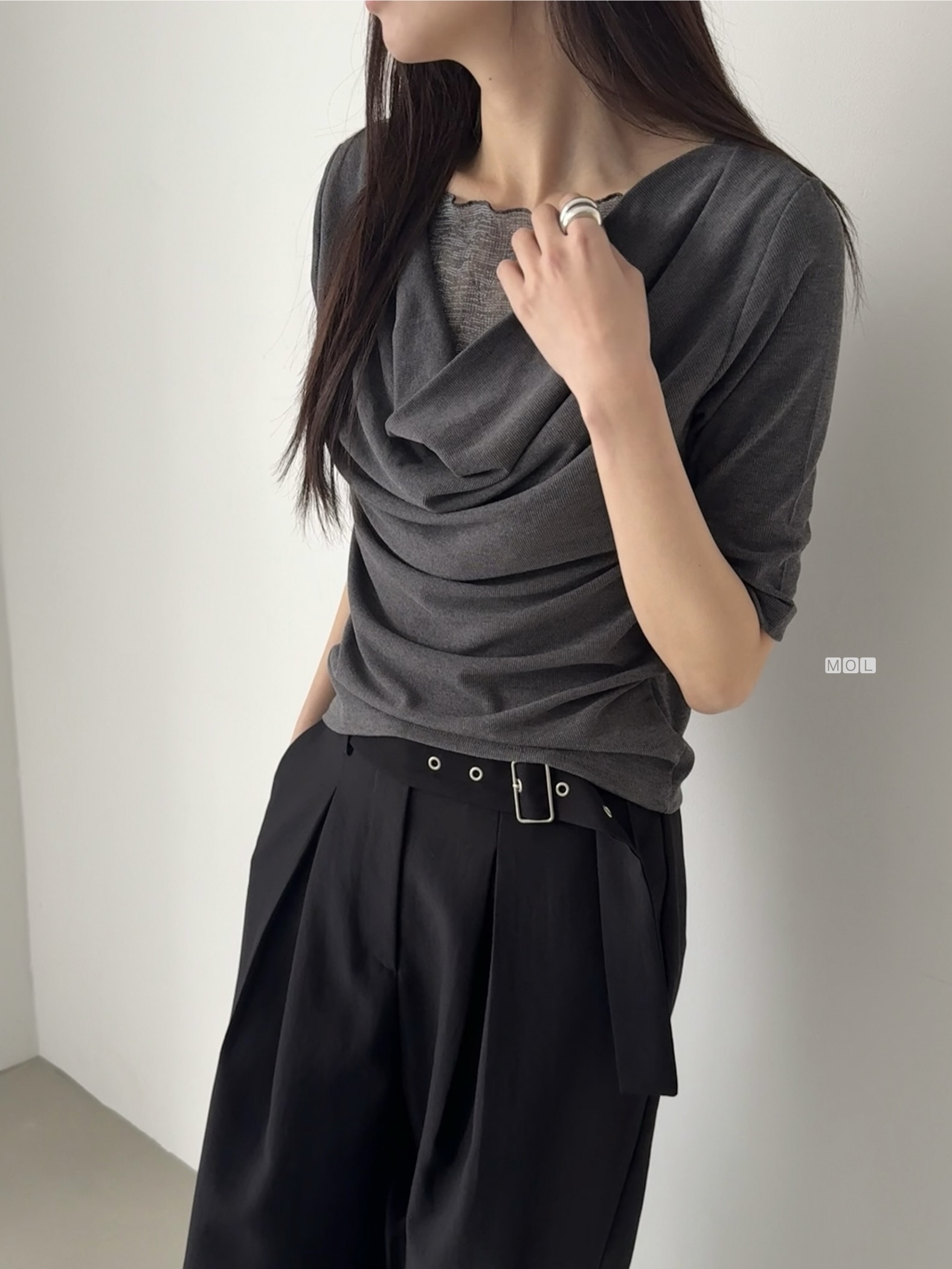 チュールコンビドレープレイヤード風ルーズ半袖ギャザーTシャツ | 詳細画像9