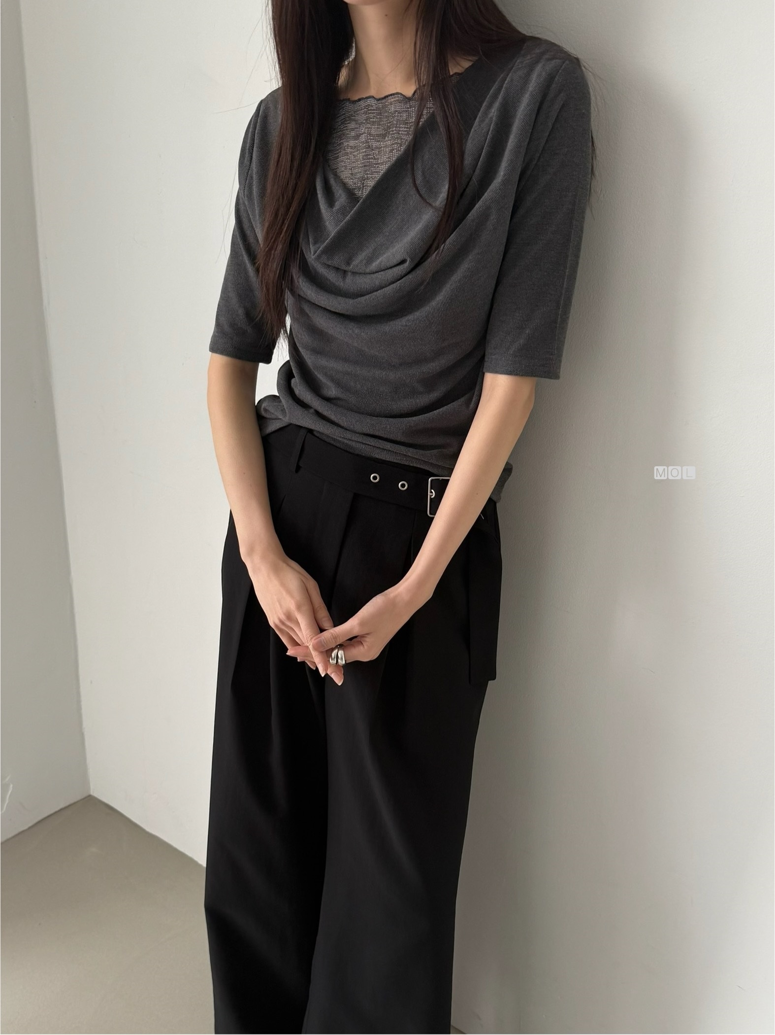 チュールコンビドレープレイヤード風ルーズ半袖ギャザーTシャツ | 詳細画像12