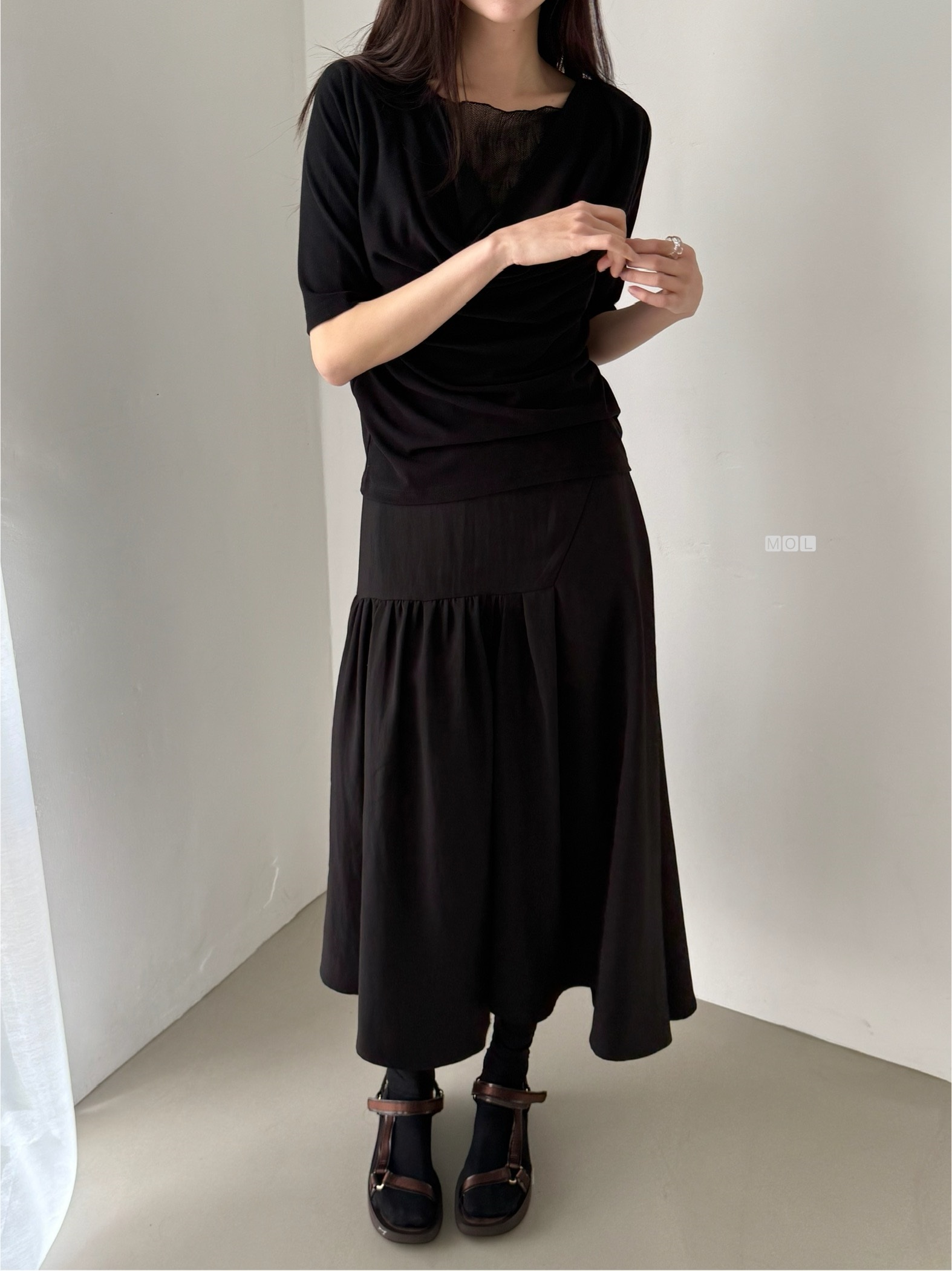 チュールコンビドレープレイヤード風ルーズ半袖ギャザーTシャツ | 詳細画像15