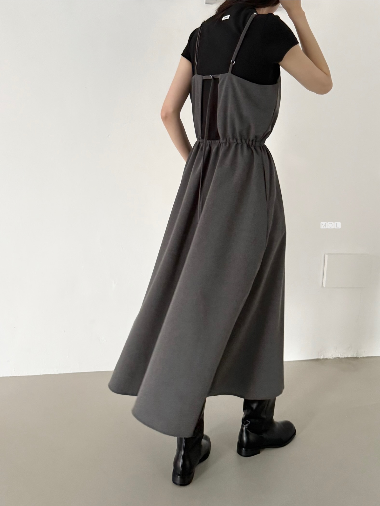 スクエアネックドローストリングウエストゴムパフスリーブIラインフレア無地キャミワンピース | 詳細画像4