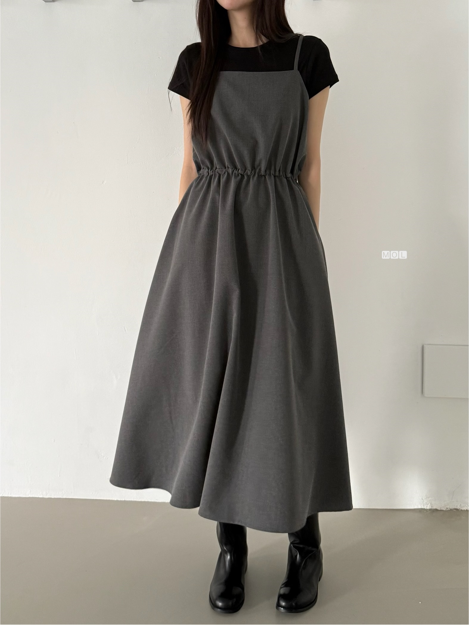 スクエアネックドローストリングウエストゴムパフスリーブIラインフレア無地キャミワンピース | 詳細画像5