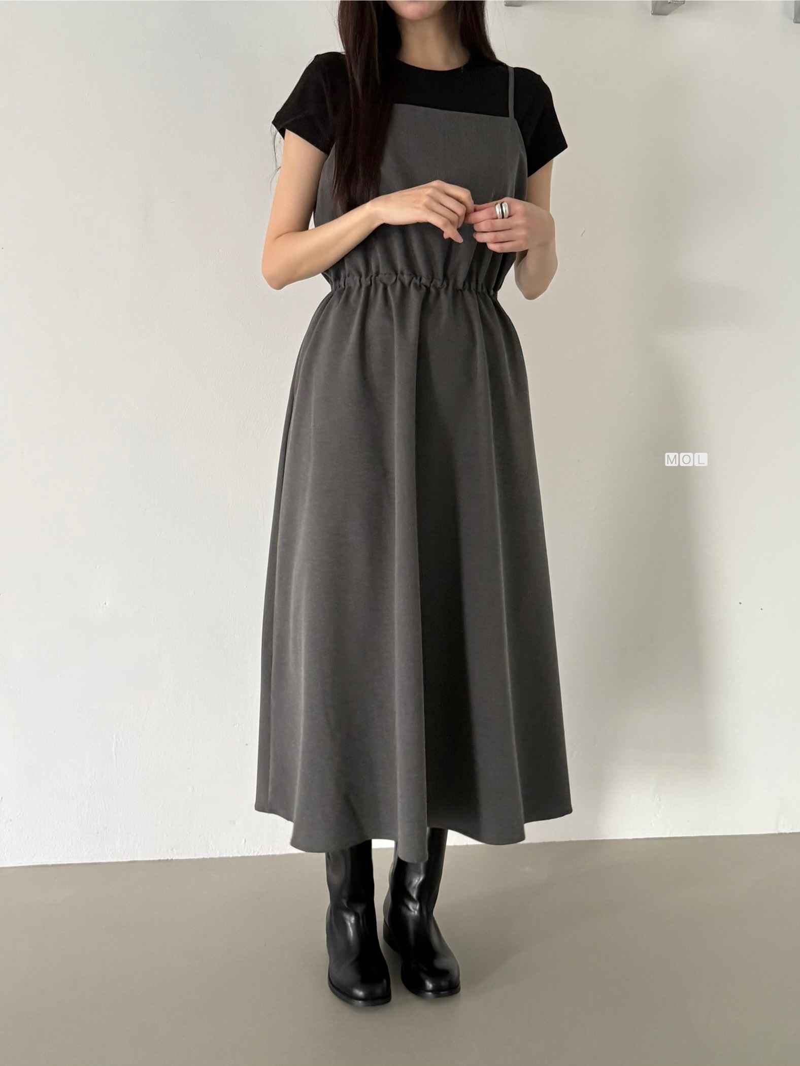 スクエアネックドローストリングウエストゴムパフスリーブIラインフレア無地キャミワンピース | 詳細画像6