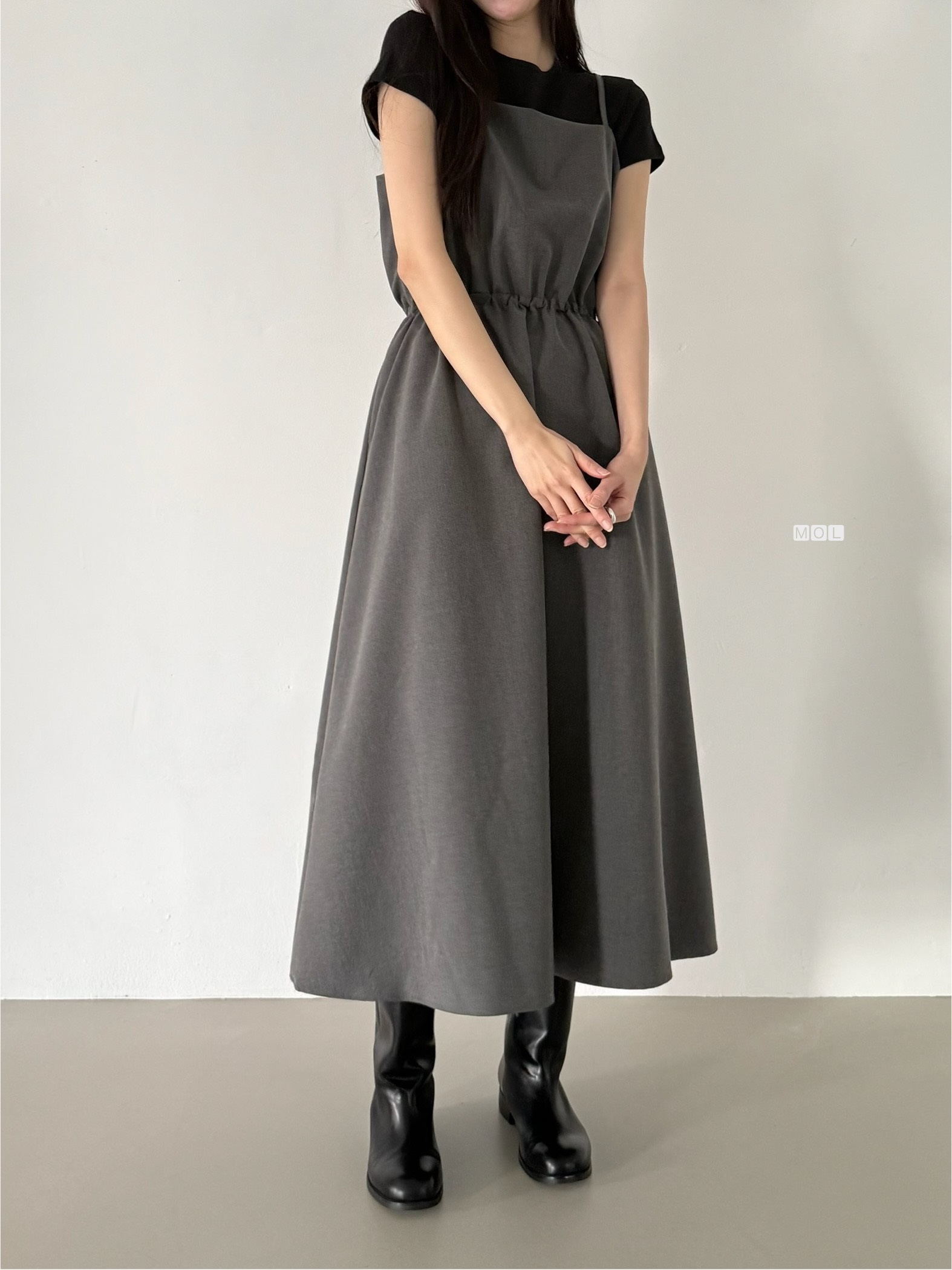 スクエアネックドローストリングウエストゴムパフスリーブIラインフレア無地キャミワンピース | 詳細画像7