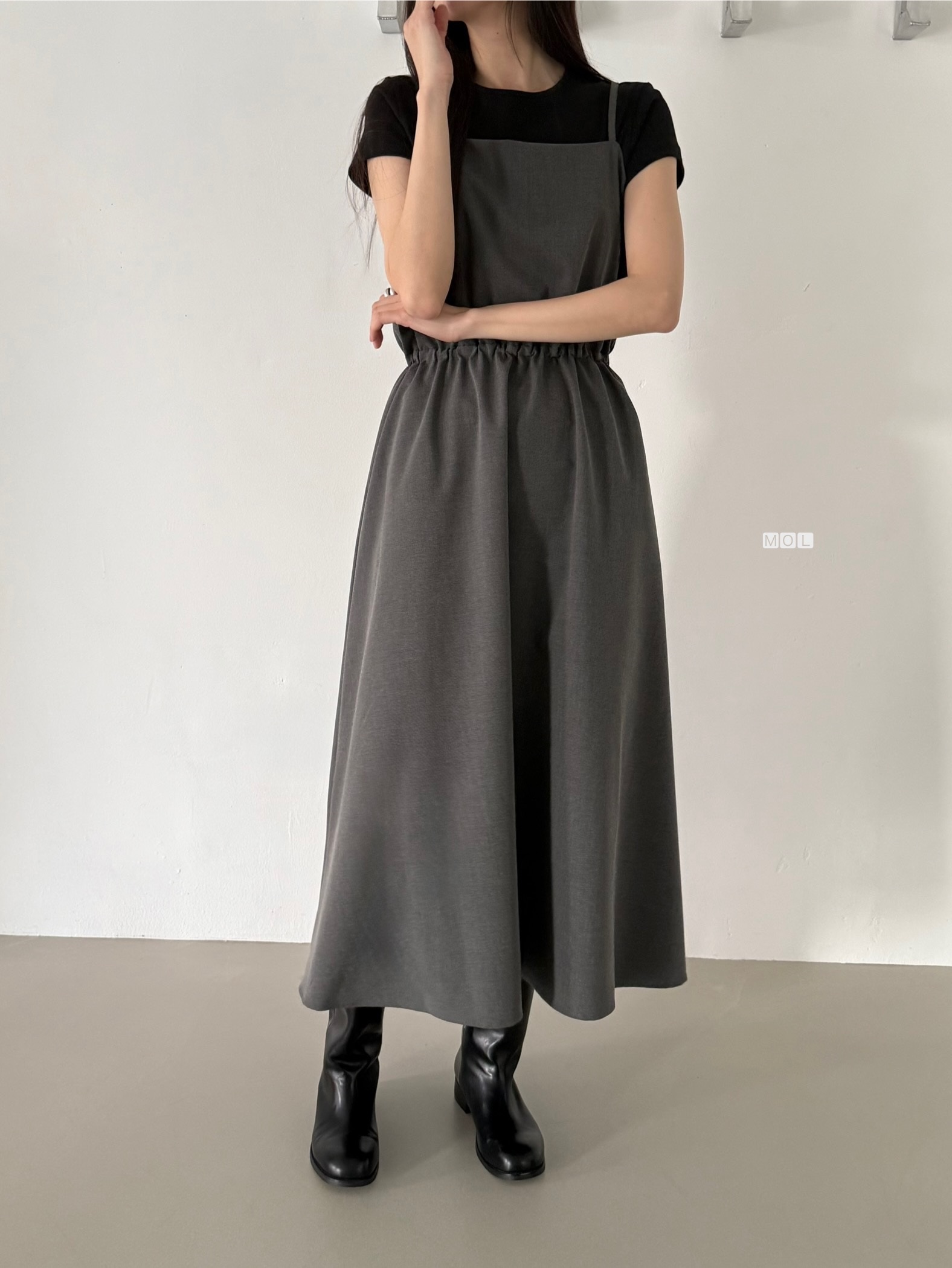 スクエアネックドローストリングウエストゴムパフスリーブIラインフレア無地キャミワンピース | 詳細画像8