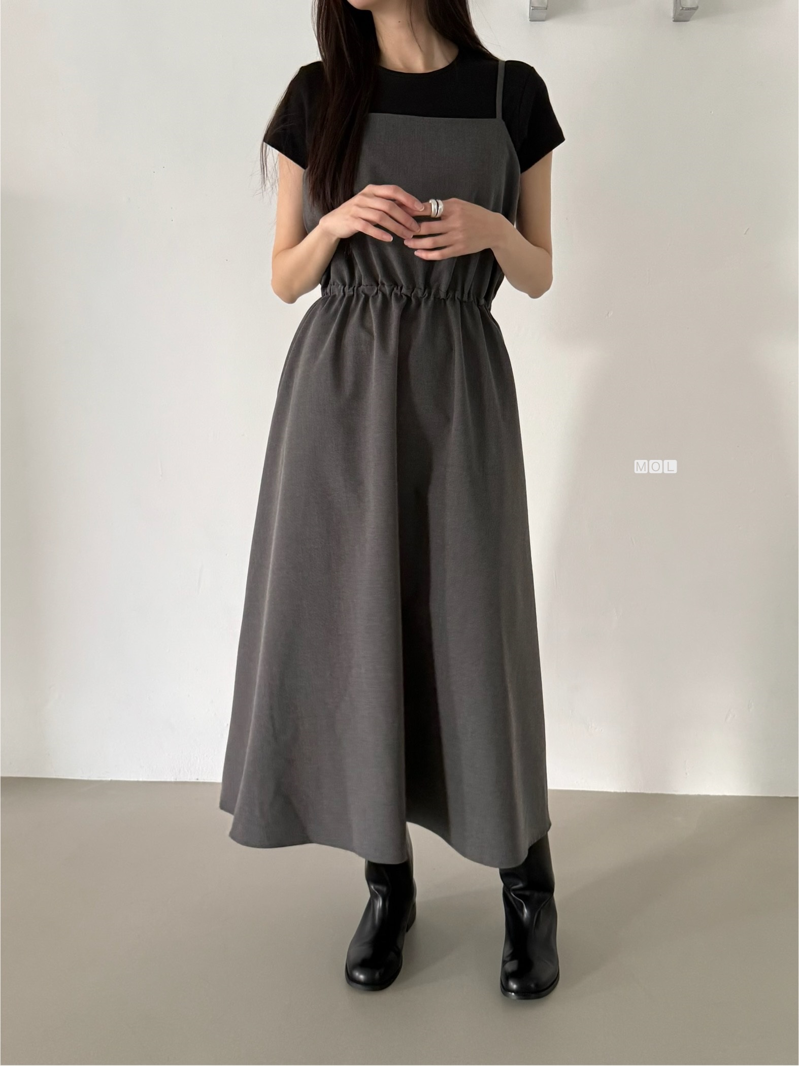 スクエアネックドローストリングウエストゴムパフスリーブIラインフレア無地キャミワンピース | 詳細画像9