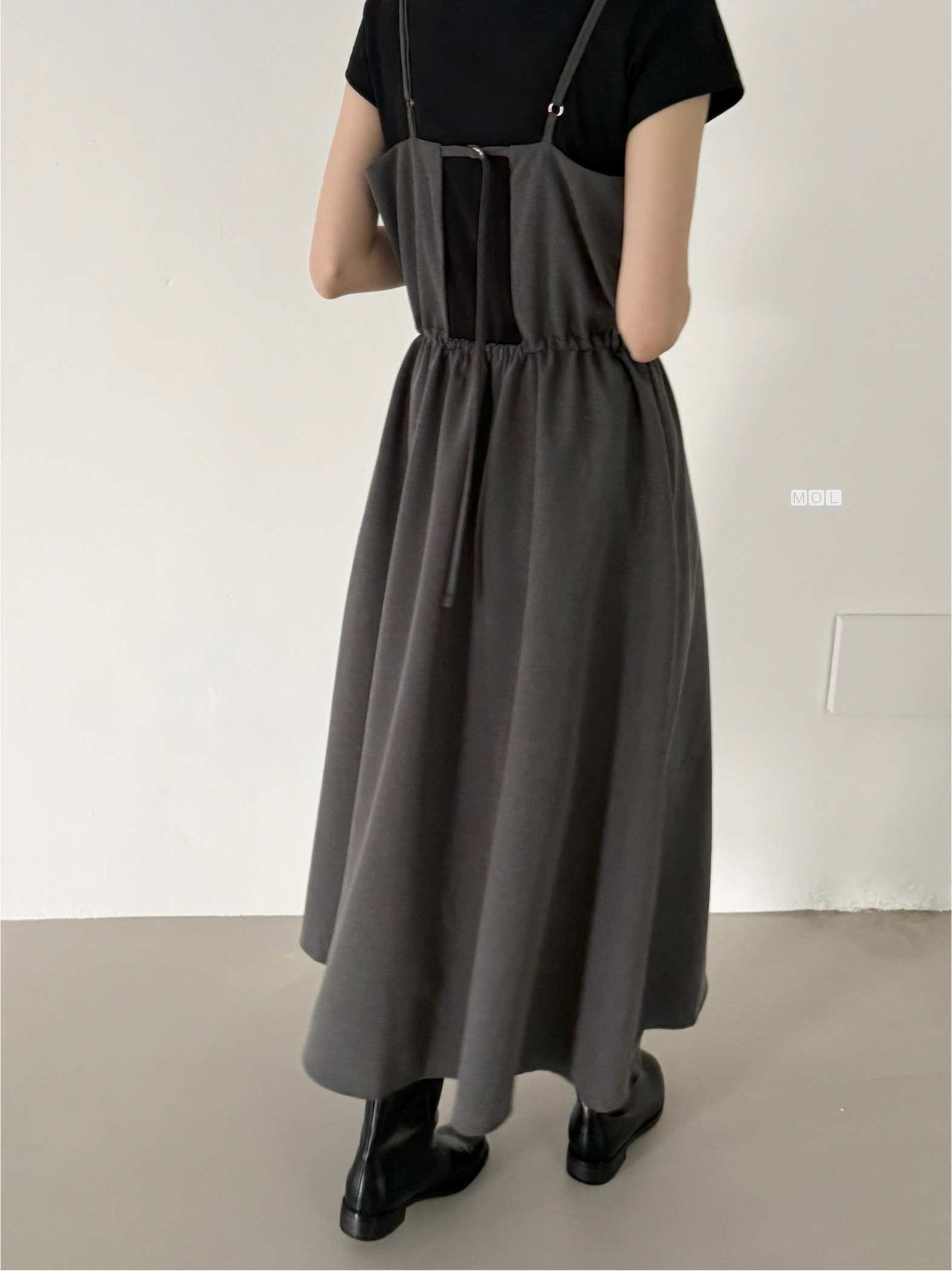 スクエアネックドローストリングウエストゴムパフスリーブIラインフレア無地キャミワンピース | 詳細画像10