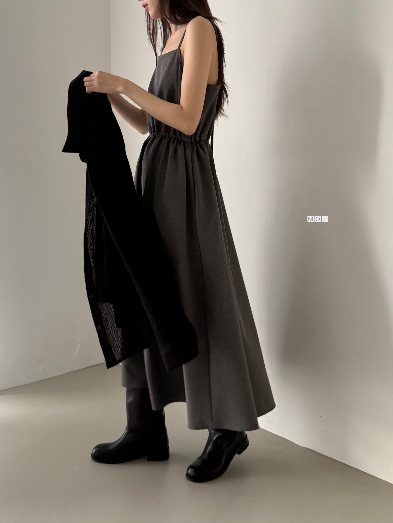 スクエアネックドローストリングウエストゴムパフスリーブIラインフレア無地キャミワンピース | 詳細画像11