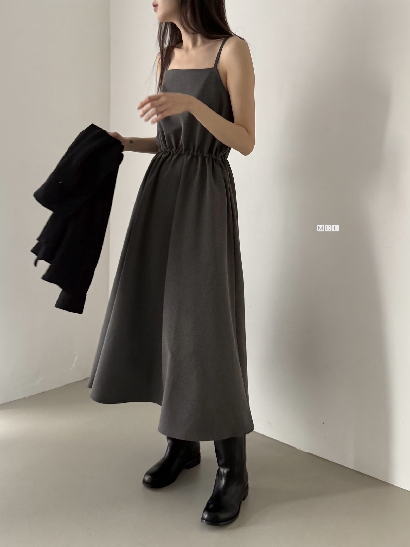 スクエアネックドローストリングウエストゴムパフスリーブIラインフレア無地キャミワンピース | 詳細画像12