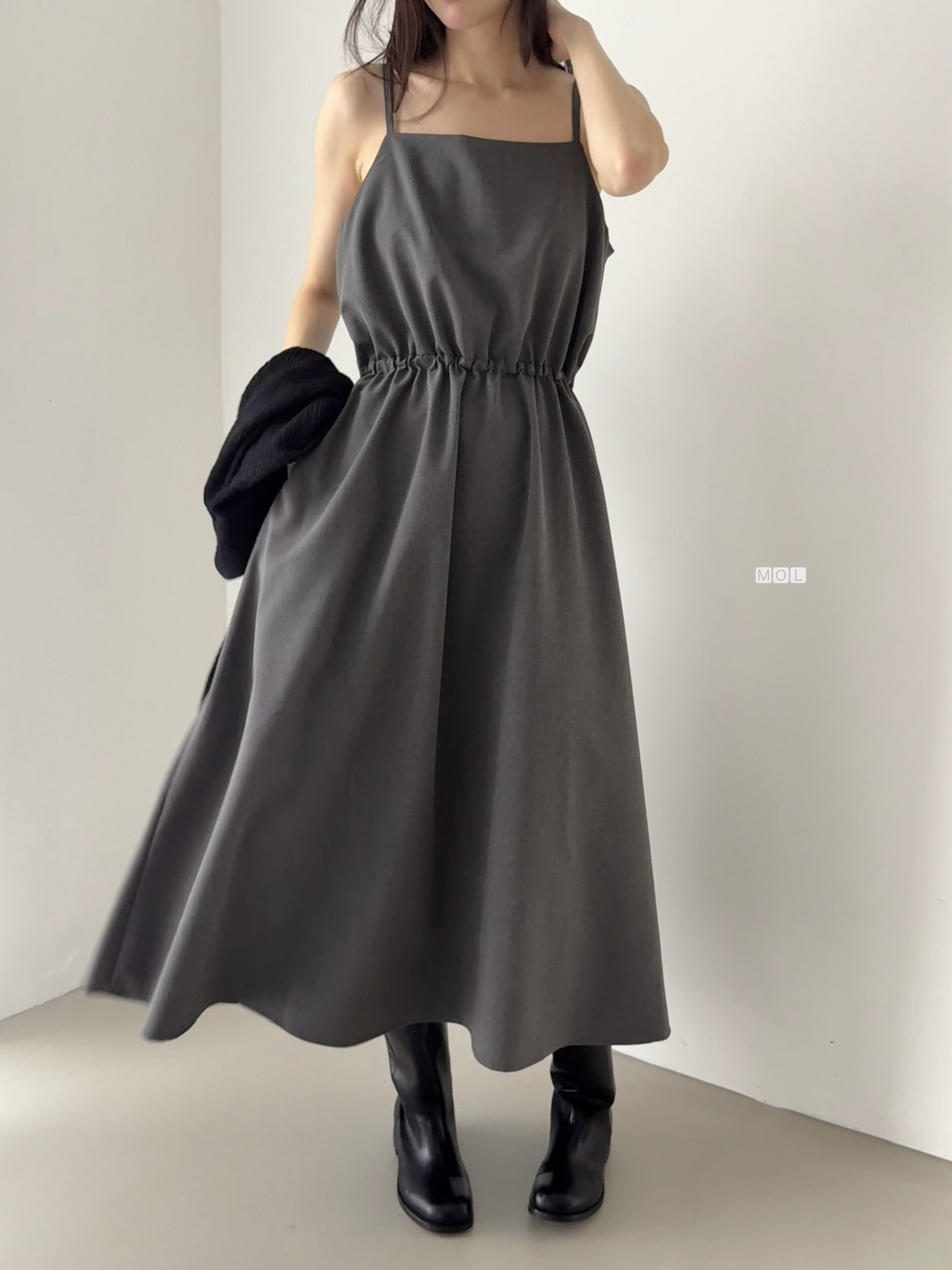 スクエアネックドローストリングウエストゴムパフスリーブIラインフレア無地キャミワンピース | 詳細画像13