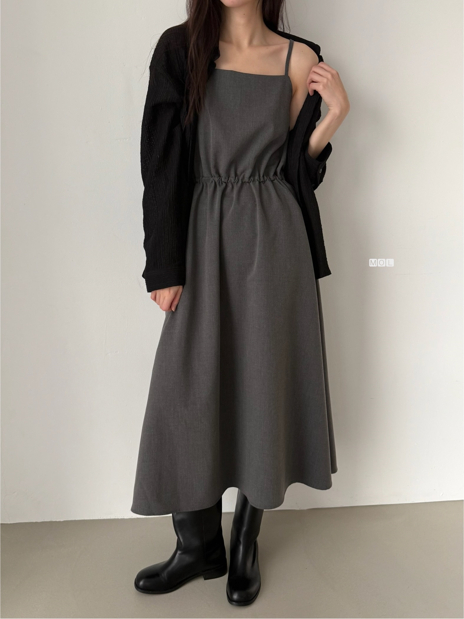 スクエアネックドローストリングウエストゴムパフスリーブIラインフレア無地キャミワンピース | 詳細画像14