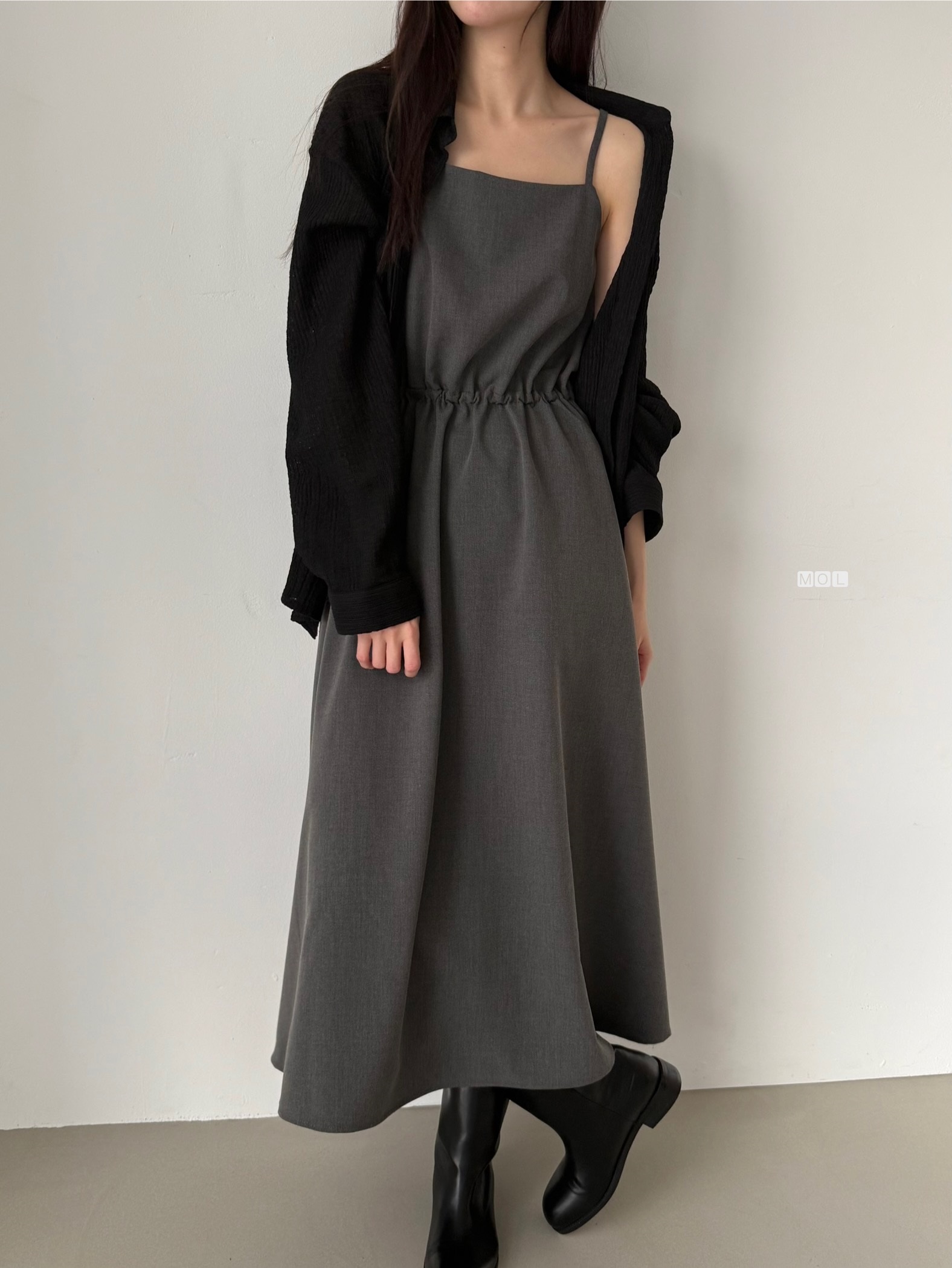 スクエアネックドローストリングウエストゴムパフスリーブIラインフレア無地キャミワンピース | 詳細画像15