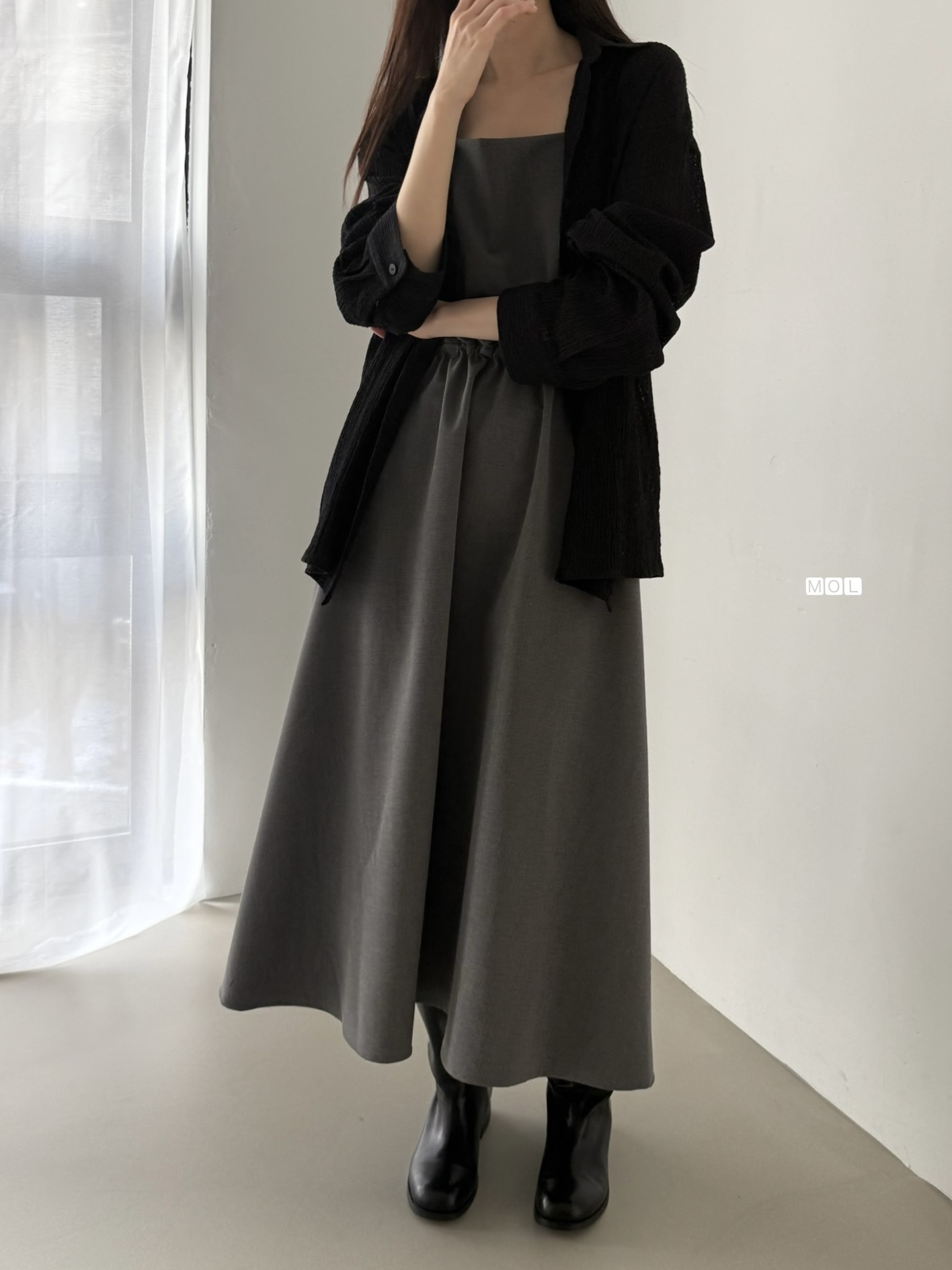 スクエアネックドローストリングウエストゴムパフスリーブIラインフレア無地キャミワンピース | 詳細画像17