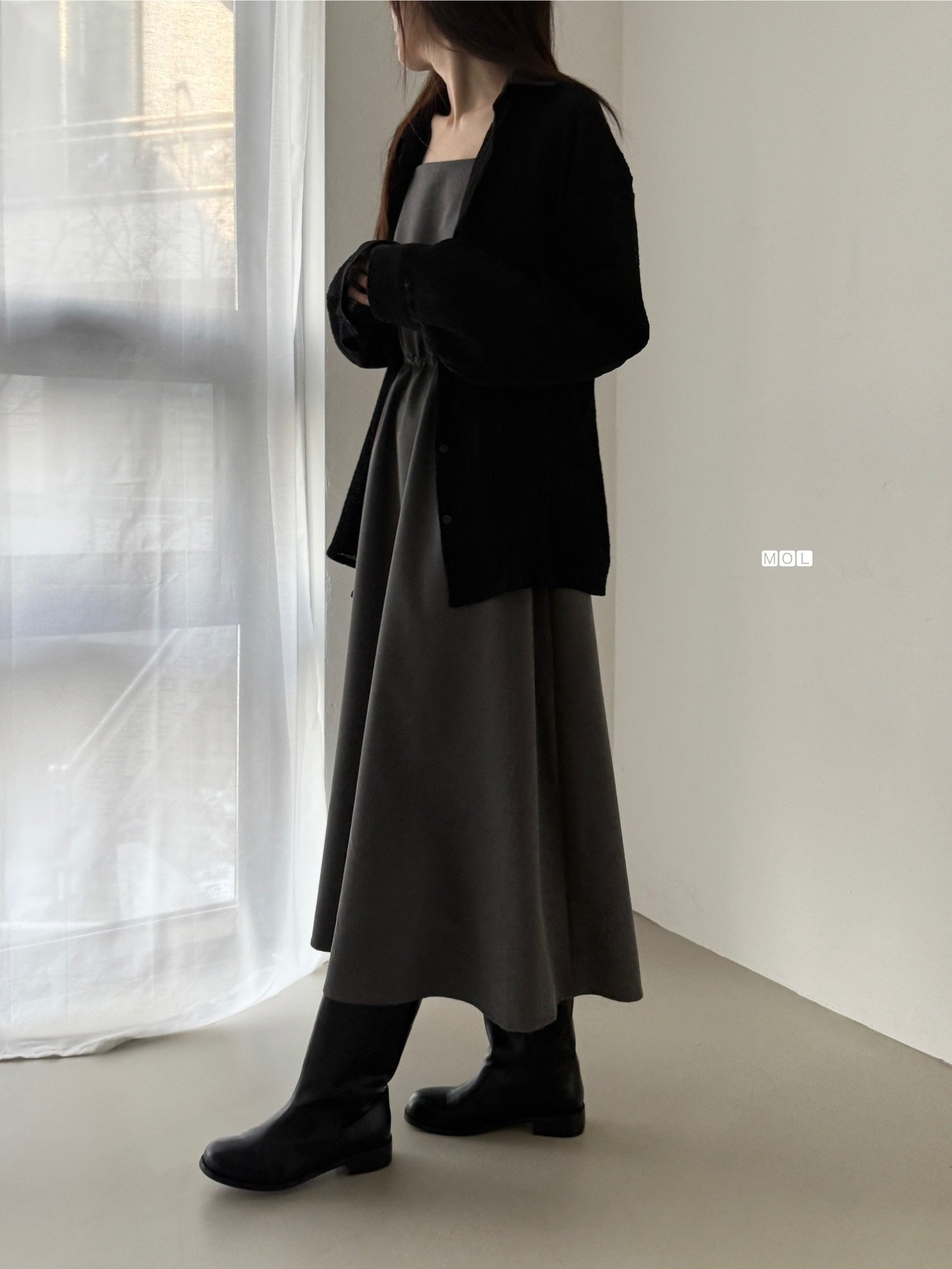 スクエアネックドローストリングウエストゴムパフスリーブIラインフレア無地キャミワンピース | 詳細画像18