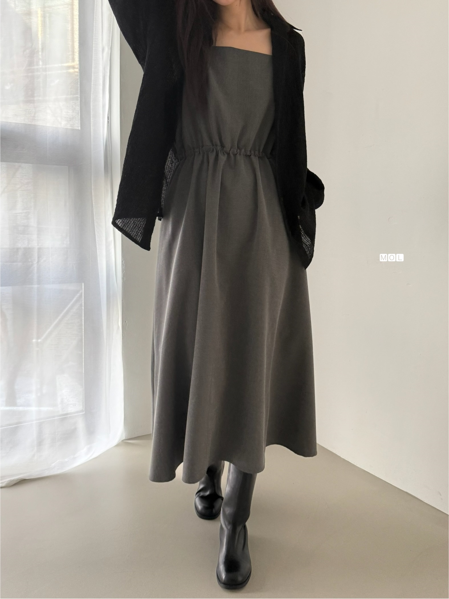 スクエアネックドローストリングウエストゴムパフスリーブIラインフレア無地キャミワンピース | 詳細画像19